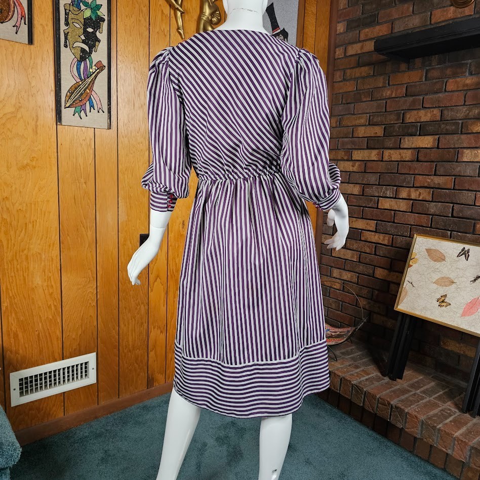 Vintage 80s Contrast Stripe Puff Balloon Sleeve Secretary Office Day Dress XS/S