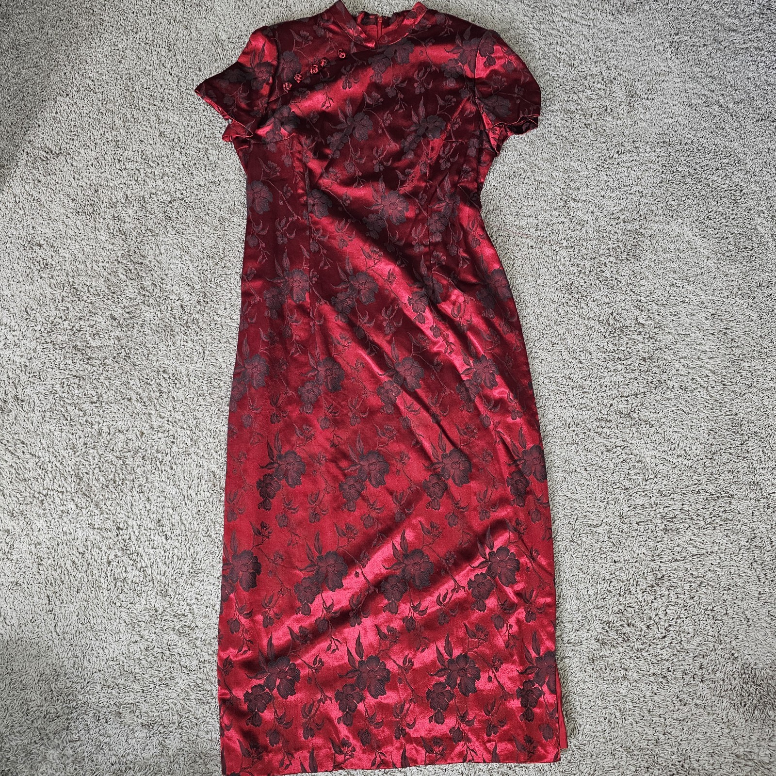Vintage Cheongsam Qipao Size 14 Red Black Floral Mandarin Collar Donna Morgan