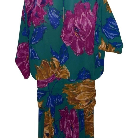 Vintage Kono New York Green/Teal Floral Ruched Dress P2P 22&Prime;, Length 46&Prime;