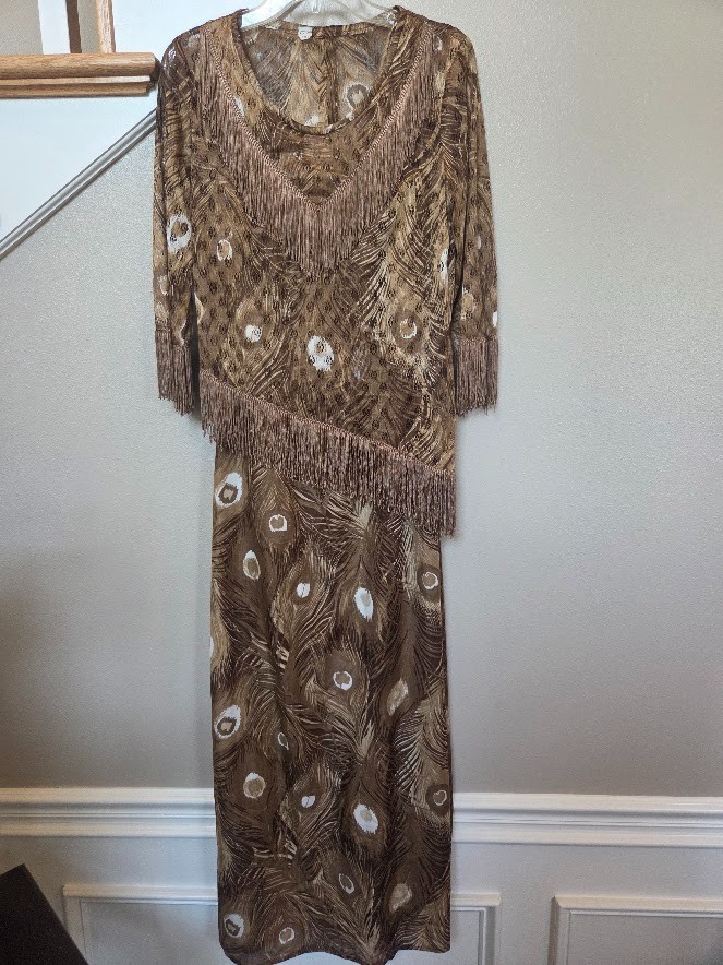Vtg Tan Peacock Fringe 2 pc Boho Flapper Style Party Dress Size 11/12 Sheer