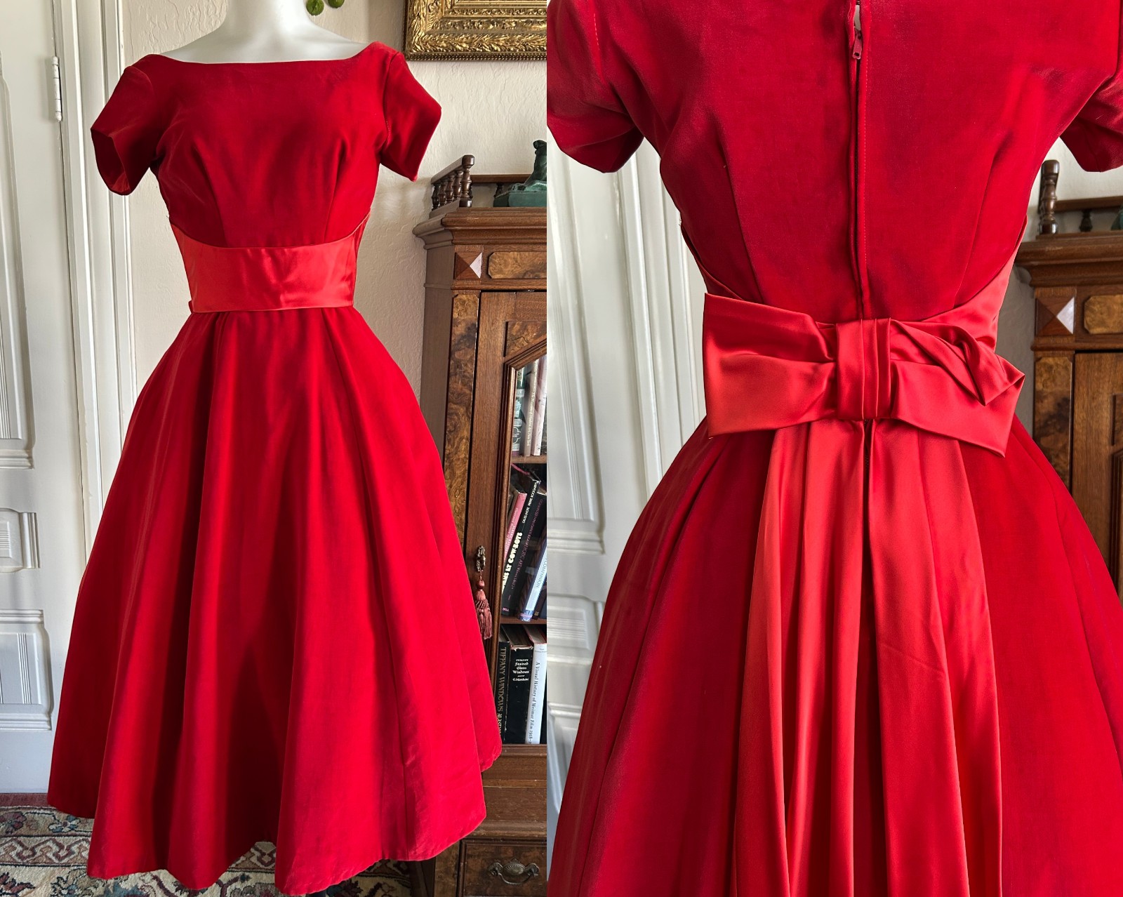 Vintage 1950s Ruby Red Velvet Party Dress Satin Sash Full Skirt XS Formal Bow