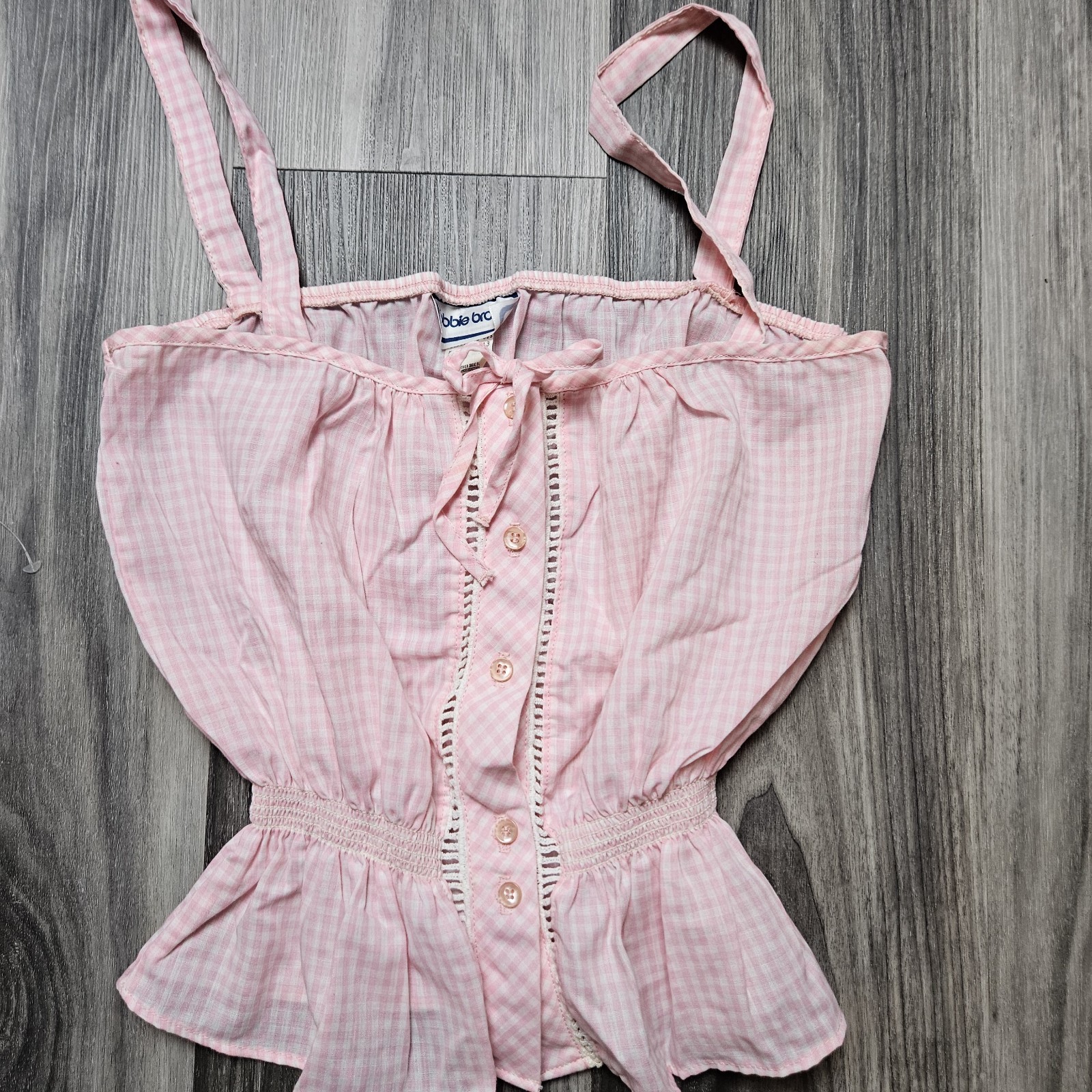 VTG 70s Bobbie Brooks Sleeveless Button Up Pink Gingham Halter Top Elastic Waist