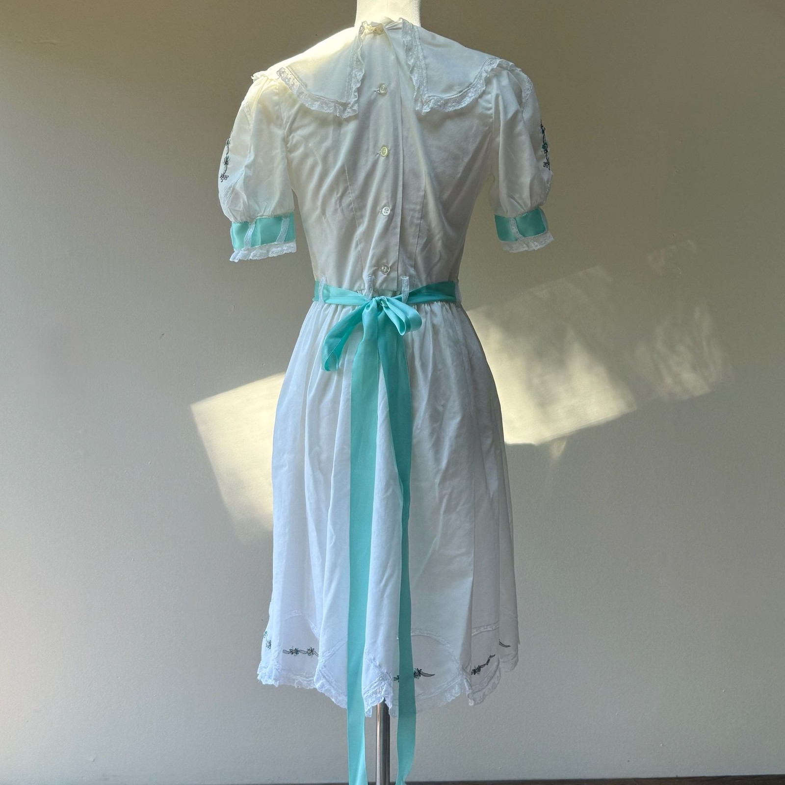 Vintage White Cotton Tea Dress with Aqua Ribbon Sash & Floral Embroidery