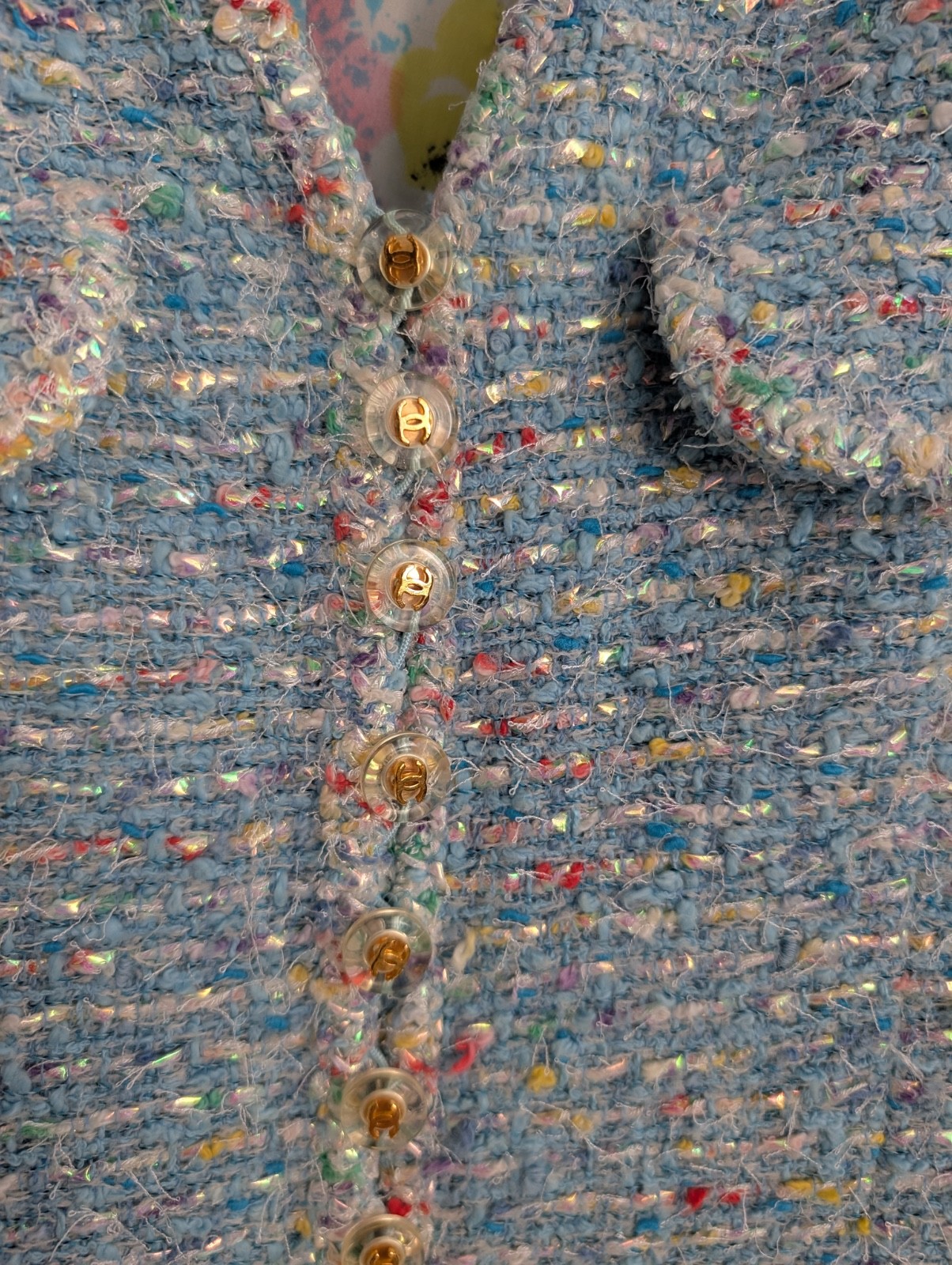 Chanel 1997 Confetti Fantasy Tweed Coat Blue Jacket Camellia Print Silk Dress 40