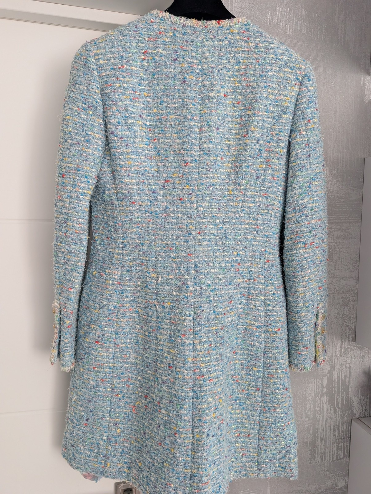 Chanel 1997 Confetti Fantasy Tweed Coat Blue Jacket Camellia Print Silk Dress 40
