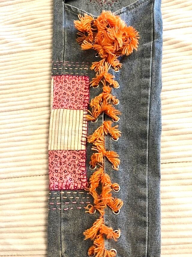 Totally hand patched embroidered upcycled custom Womens jeans 1 of a kind – Med