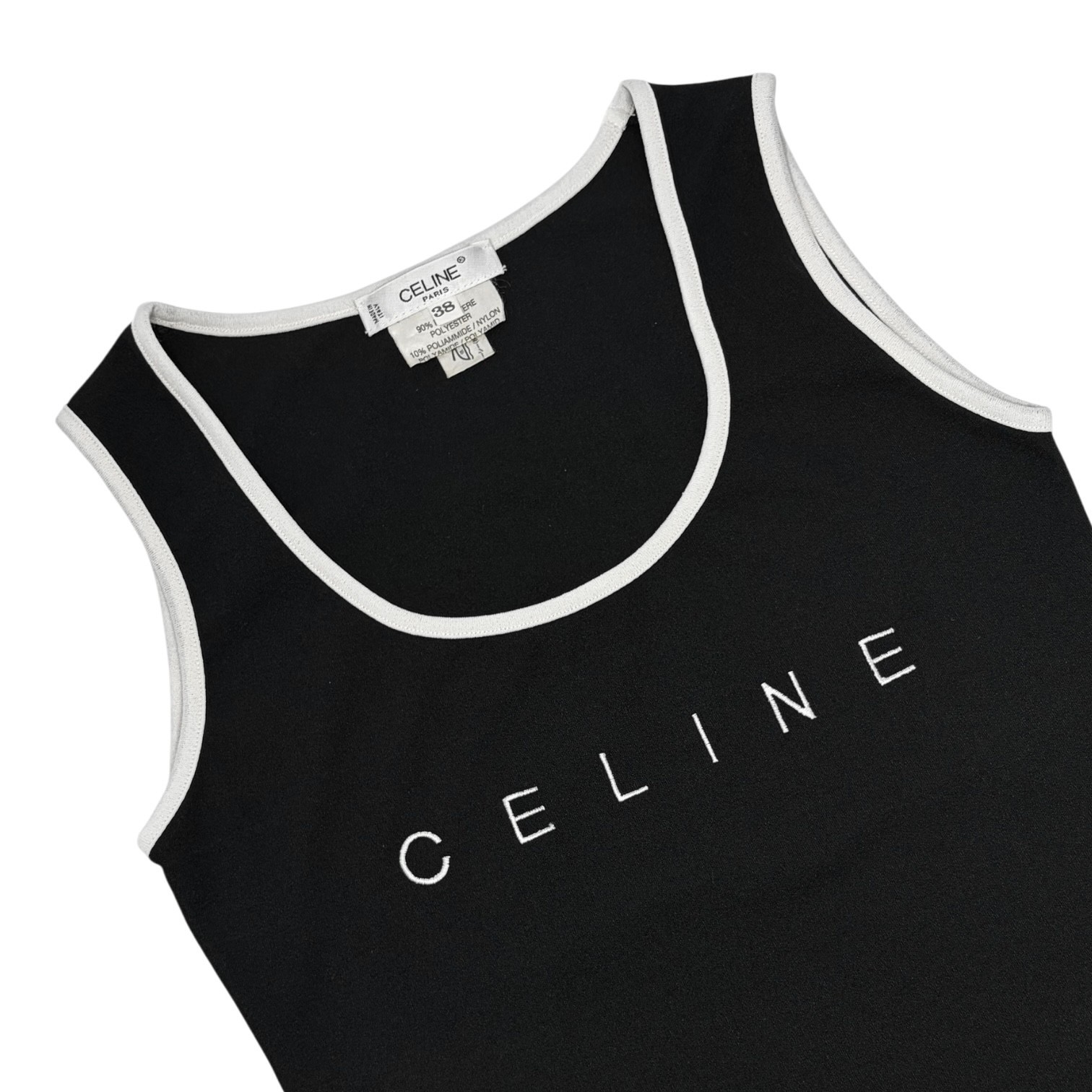CELINE Vintage Logo Tank Top #38 Black White Polyester Sleeveless 902071