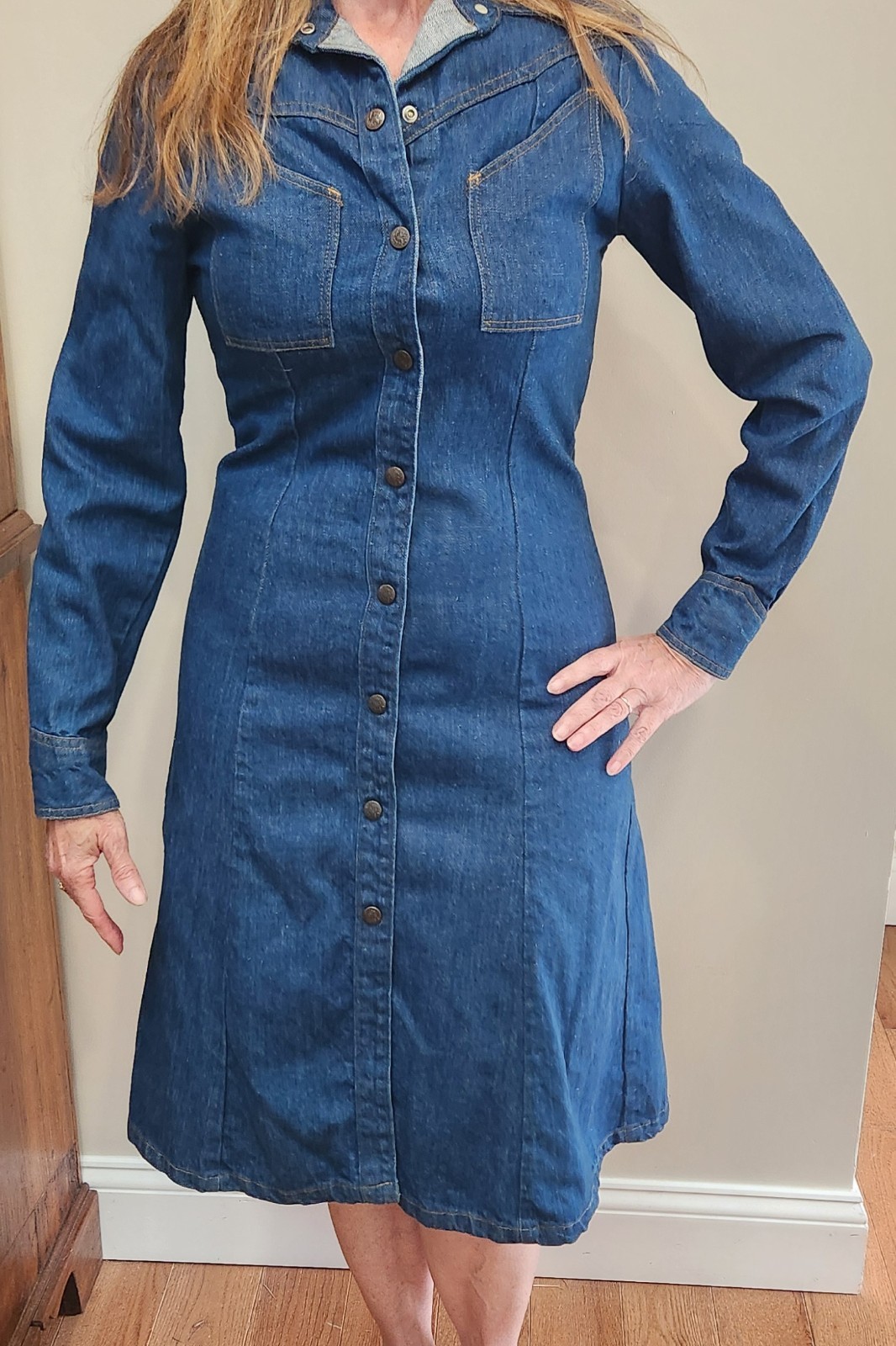 70s Vintage Landlubber Jean Denim Snaps Western Womens Shirt Dress Size 6 ?