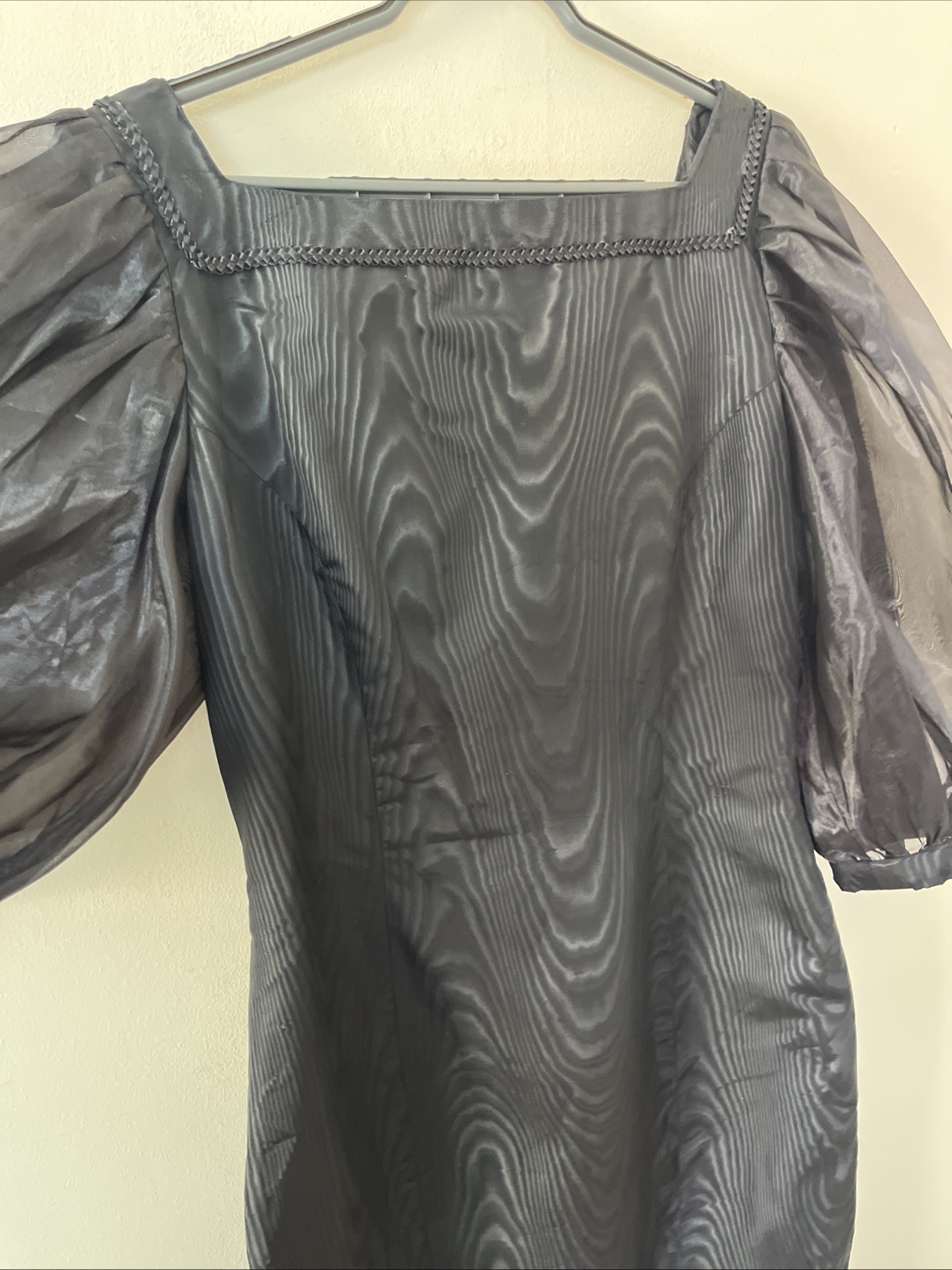 Vintage 1980s L Square Neck Low Back Large Puff Sleeves Taffeta Midi Dress