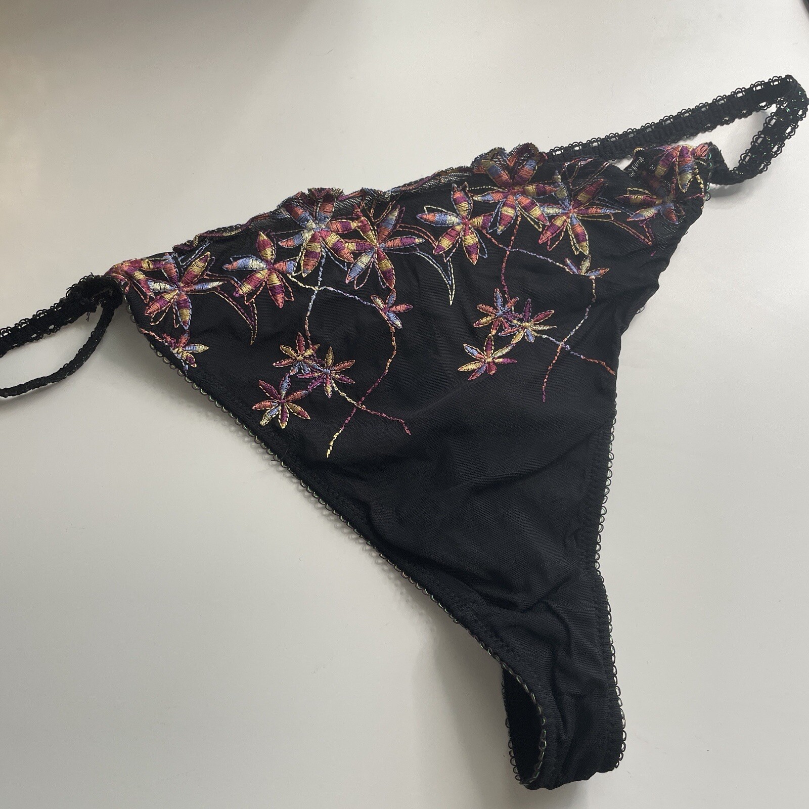 Vintage Cacique Thong Panty Mesh Black 22/24 Embroidered Floral Metallic Threads