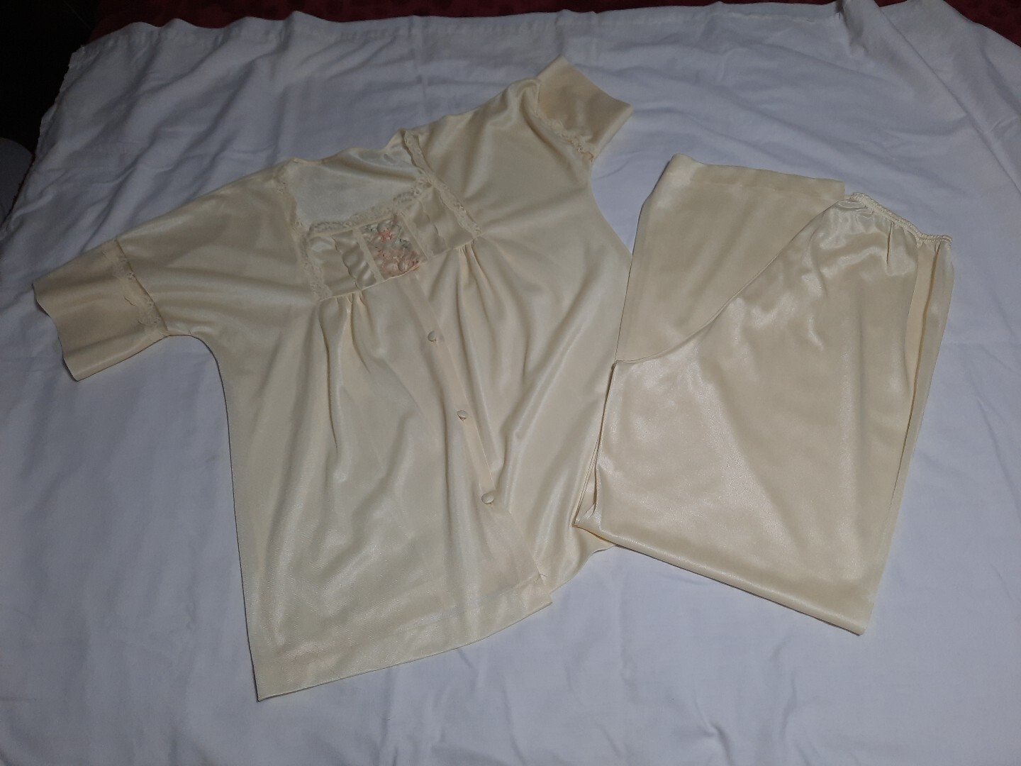 VTG TexSheen Lingerie Sleepwear Pajamas Pants Short Sleeve Button Top Yellow 36