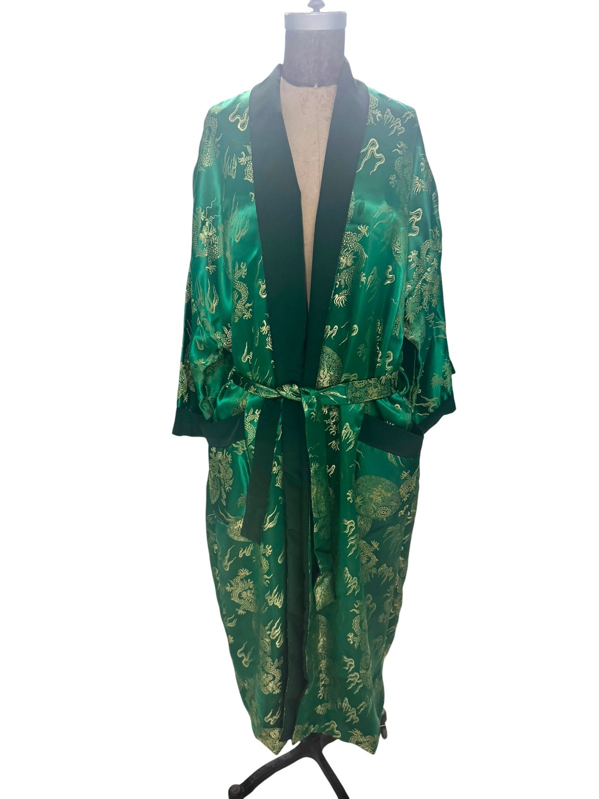 Vintage Asian Green Silk W/ Gold Dragons Reversible Robe Large