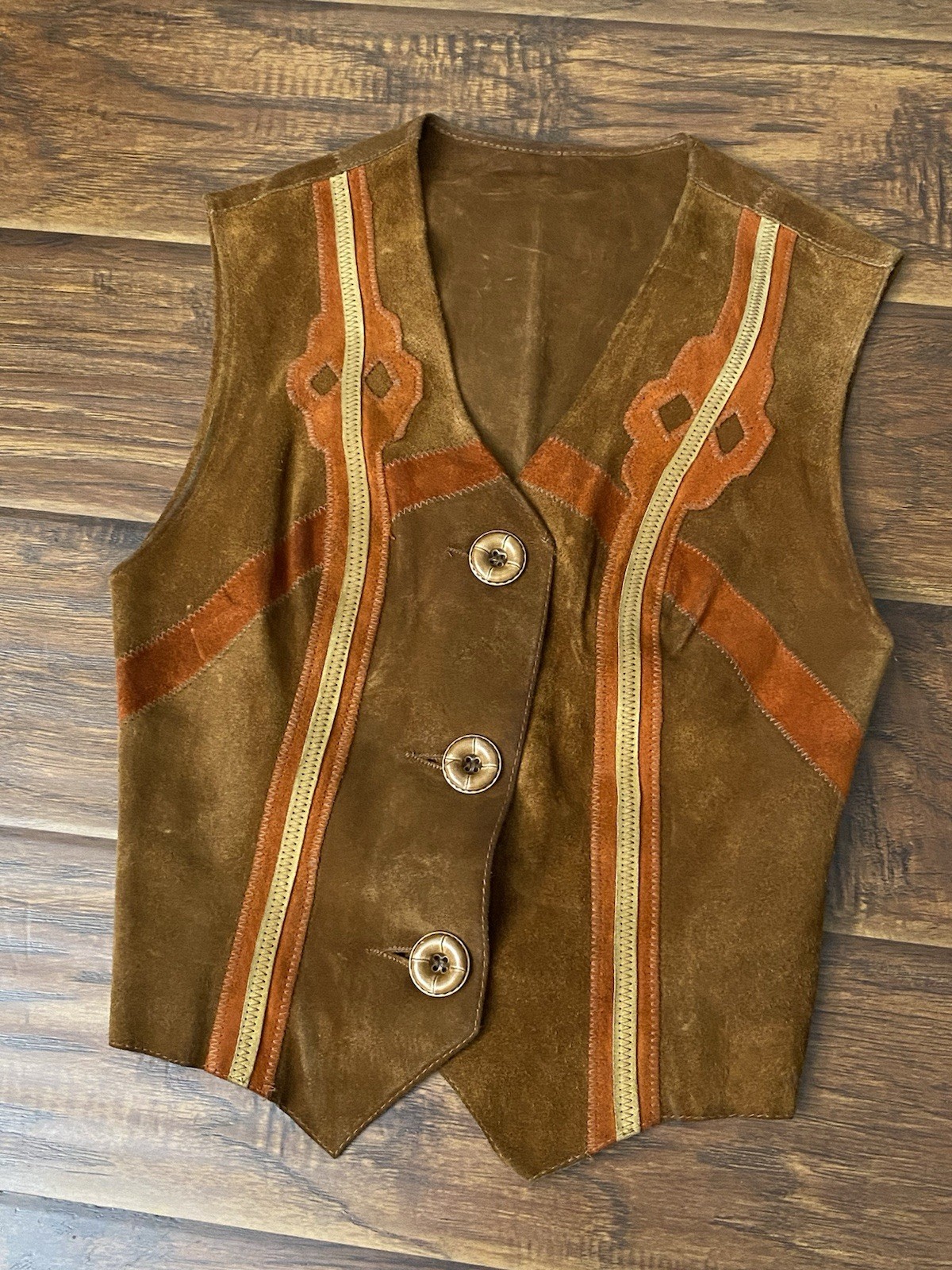 Vtg Handmade Women&rsquo;s 70s Western Boho Button Suede Leather Vest Size 7/8 (XXS)