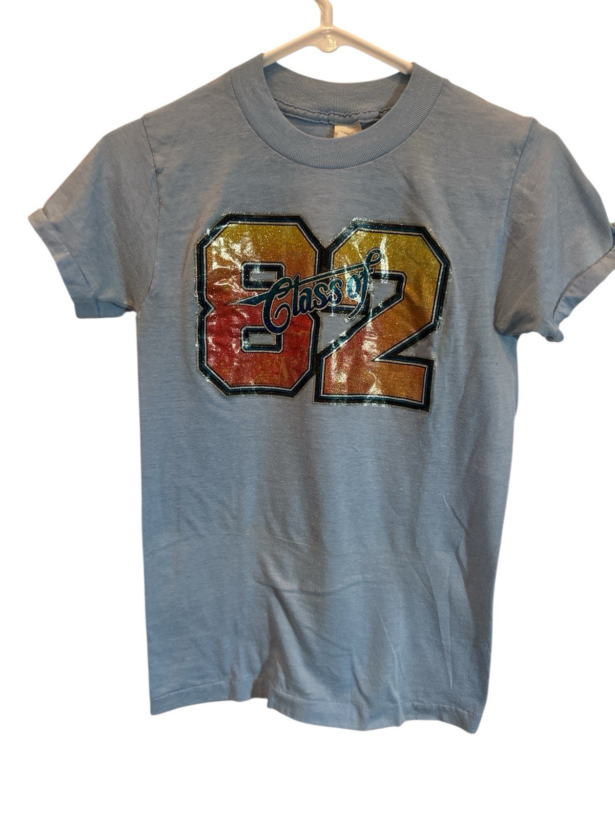 Vtg Class of 1982 Devknit Slim Fit T-shirt Glitter Heat Press Logo Sz Sm Unisex