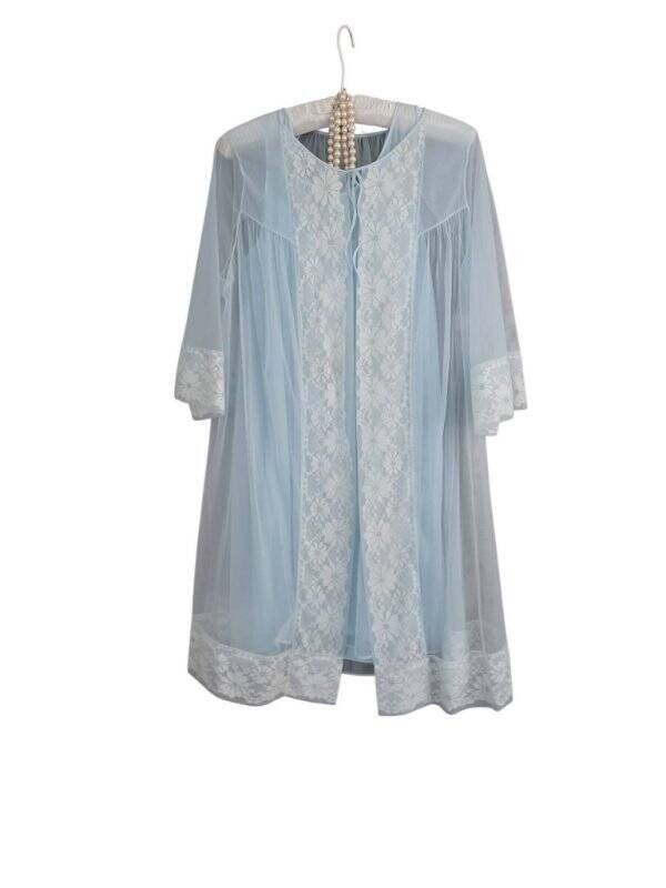 Vintage 60&rsquo;s Blue Chiffon Peignoir Nightgown DRESS GORGEOUS L-XL