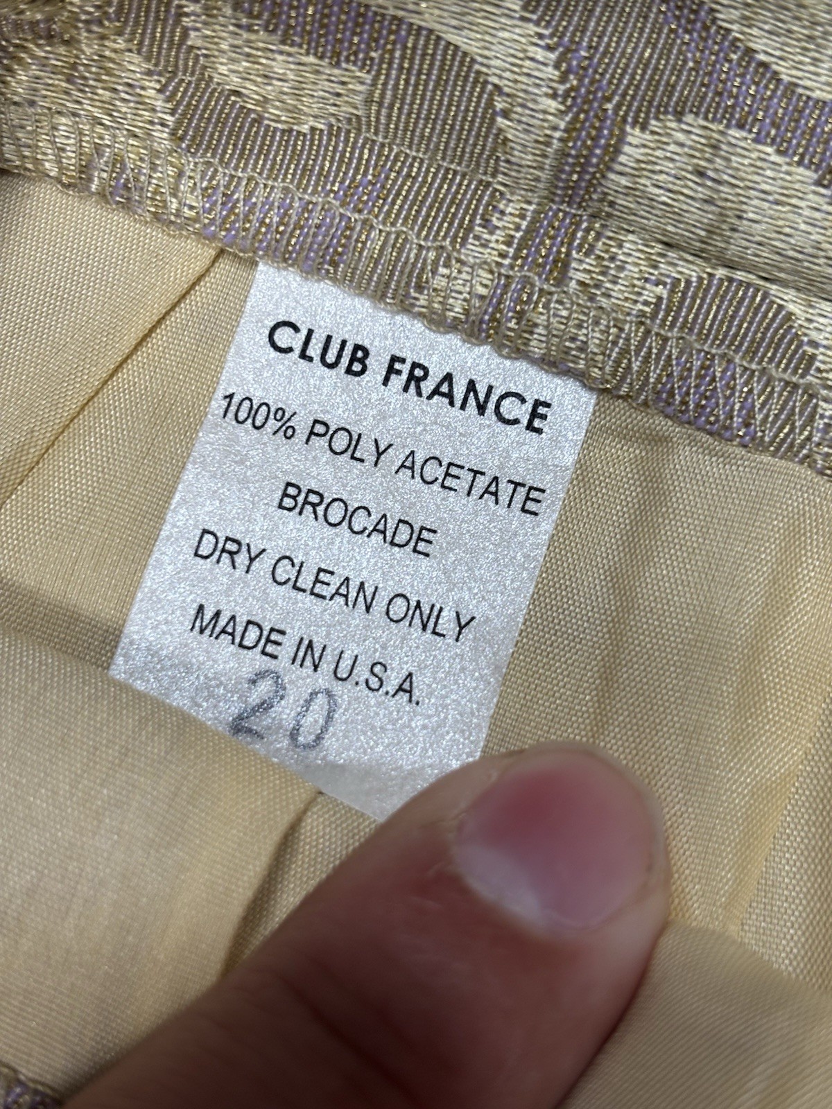 Vintage Club France 3 Pc Skirt Suit Womens 20 Gold Brocade Made USA