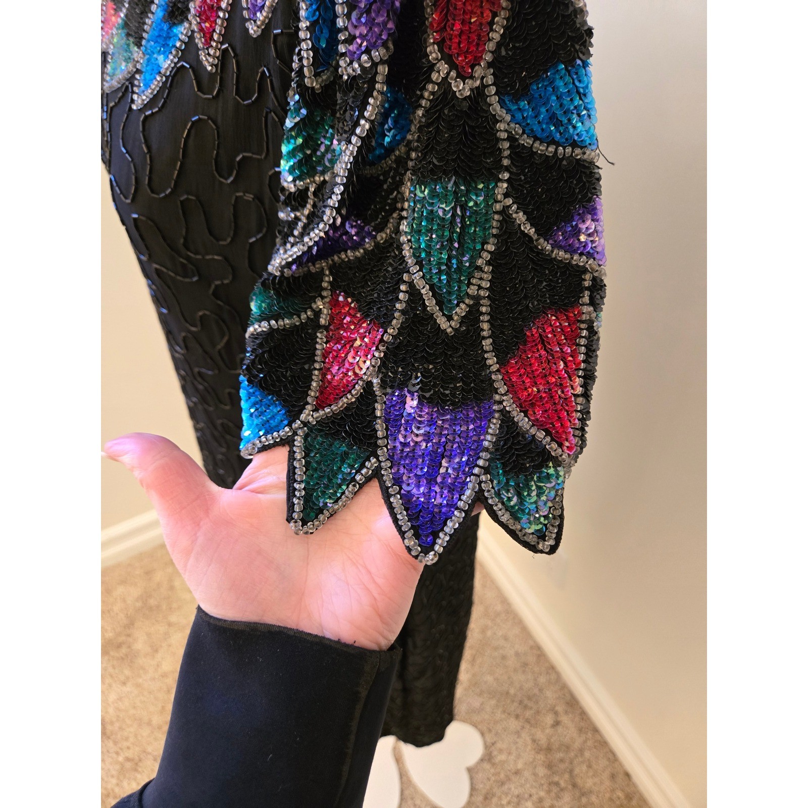 Vintage Silk Sequin Beaded Cocktail Dress Art Deco Sleeve Open Back Midi
