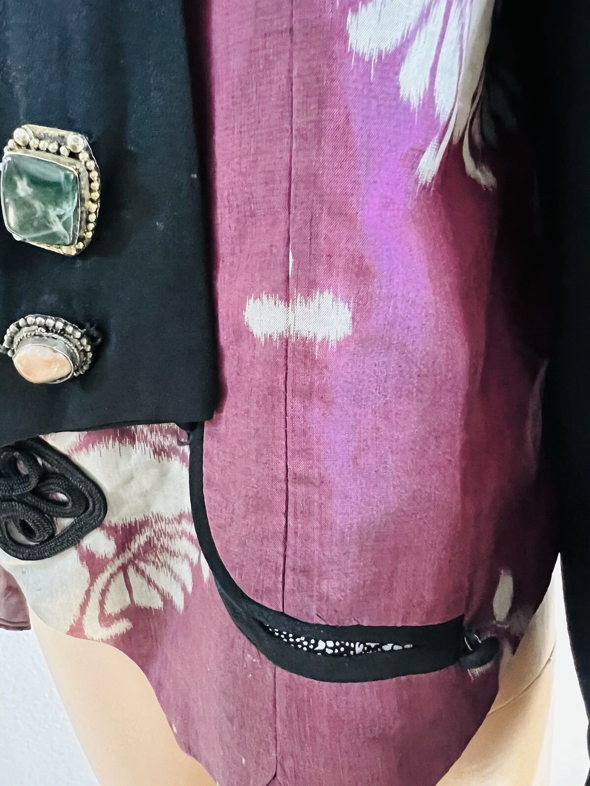 VTG Rebel Smith USA Silk* Open Jacket Floral Art Top Gemstone Accents M/L* OOAK