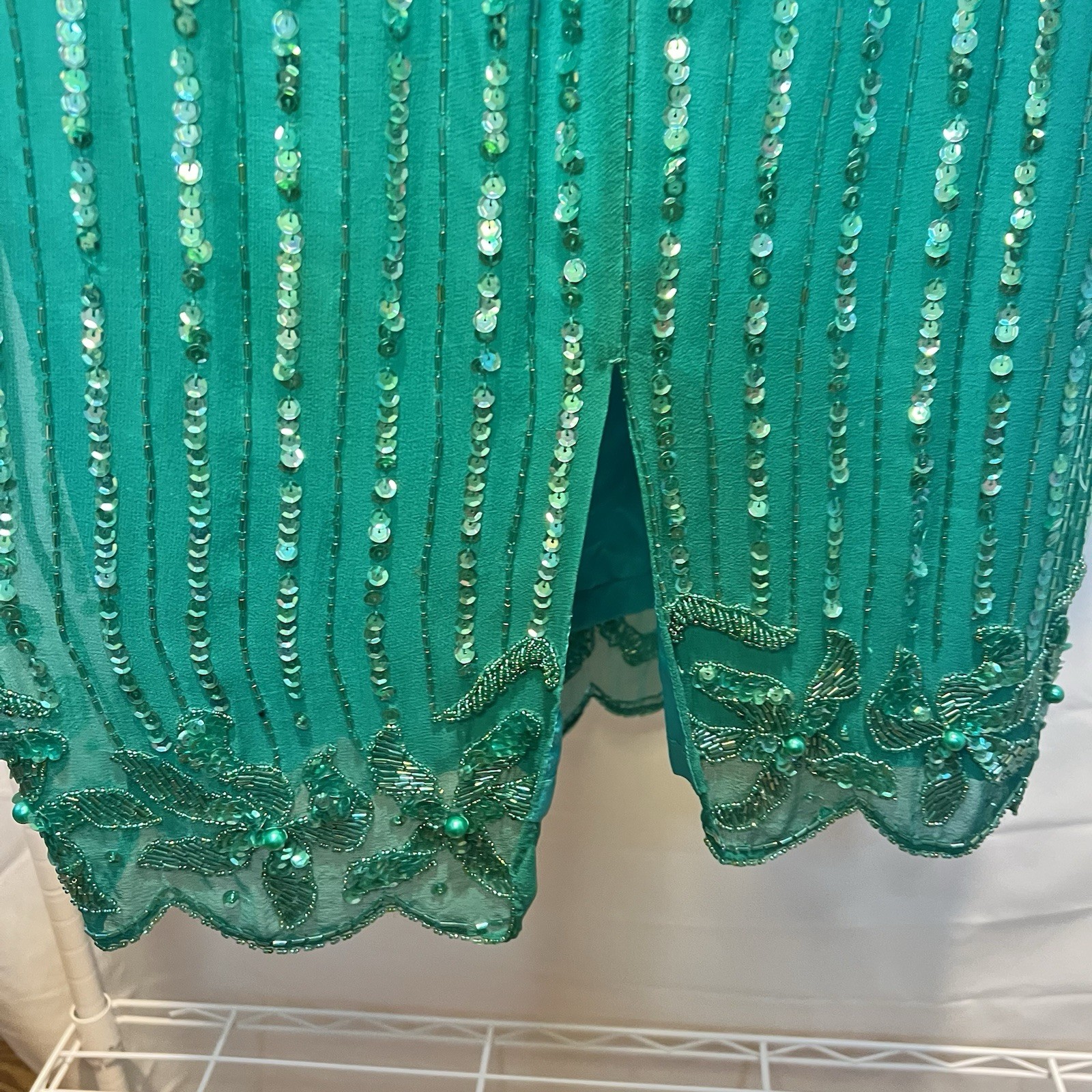 Vintge NADINE Boutique Medium Silk Hand Beaded Embellished Cocktail Dress Green