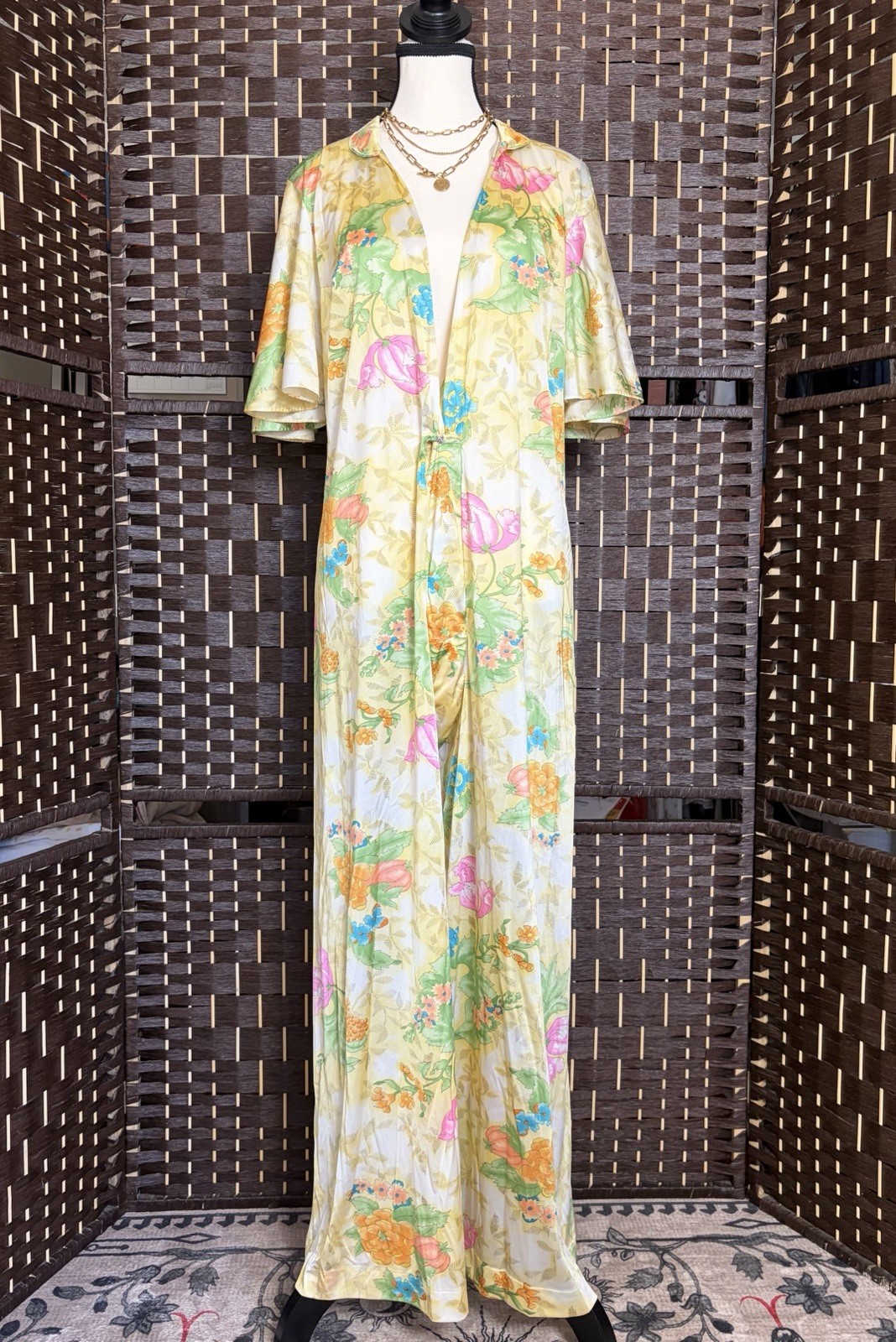 Vintage 70s Vanity Fair Jumpsuit Romper Women&rsquo;s L/XL Nylon Wide-Leg Yellow