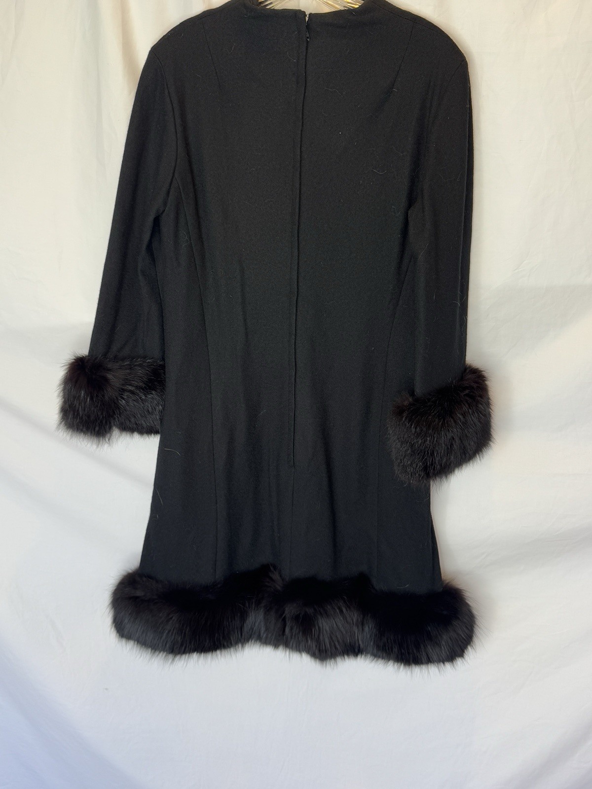Sandi Monica Vintage Black Wool Coat Dress with Fur Trim