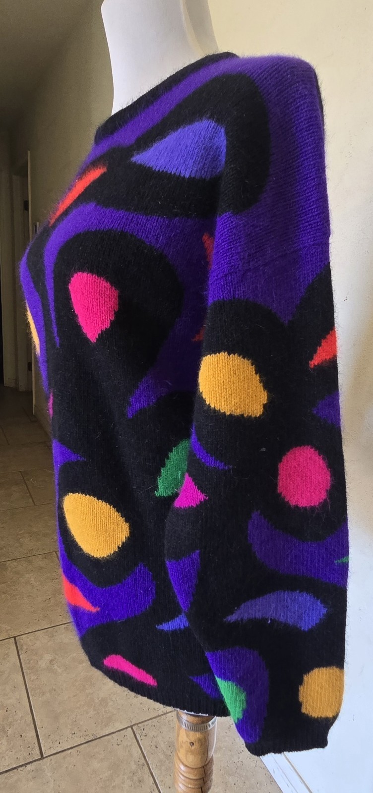1980s RAFAELLA Angora Lambswool Sweater With Vibrant Abstract Design Size Large