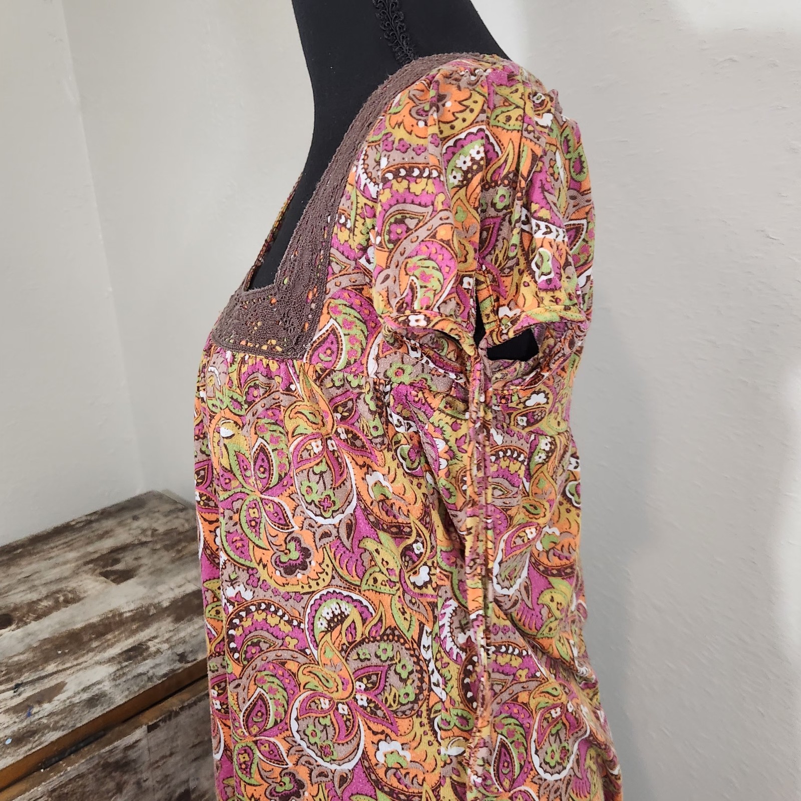 Vintage Wet Seal Y2K 90s Dress M Babydoll Crochet Fringe Colorful Paisley Tunic