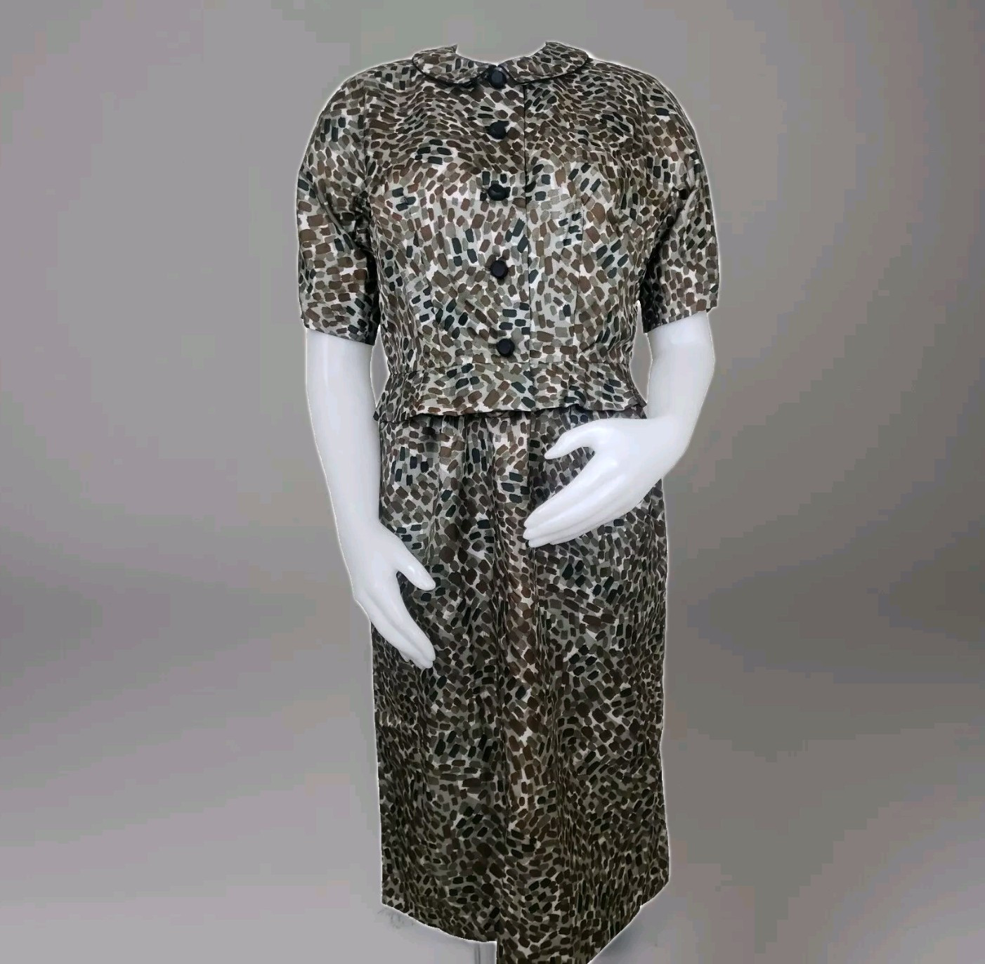 Vintage Dress Suit Set Womens Sz 16 Brown Spotted 50s Wiggle Peplum Jacket Belt
