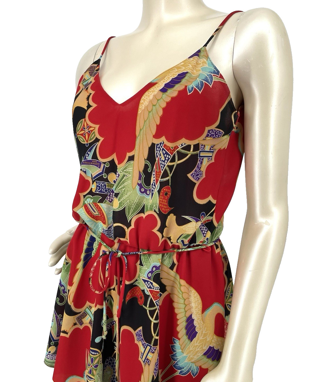 Vintage 1980s Red Crane Asian Kimono Print Summer Strappy Midi Sundress small