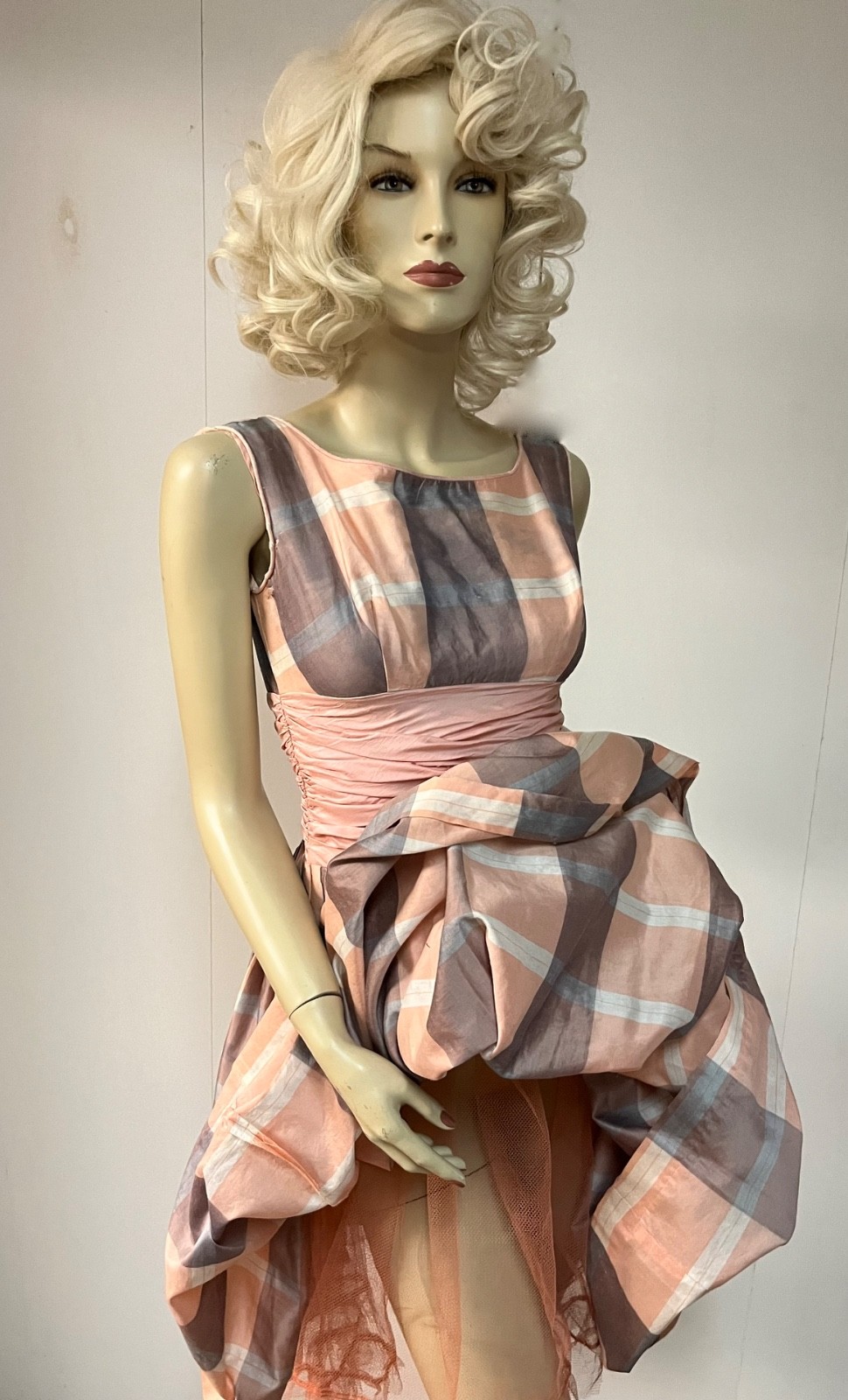 Vintage 1950 Plaid Back Zipper Cummerbund Crinoline Cocktail Party Dress Bust 33