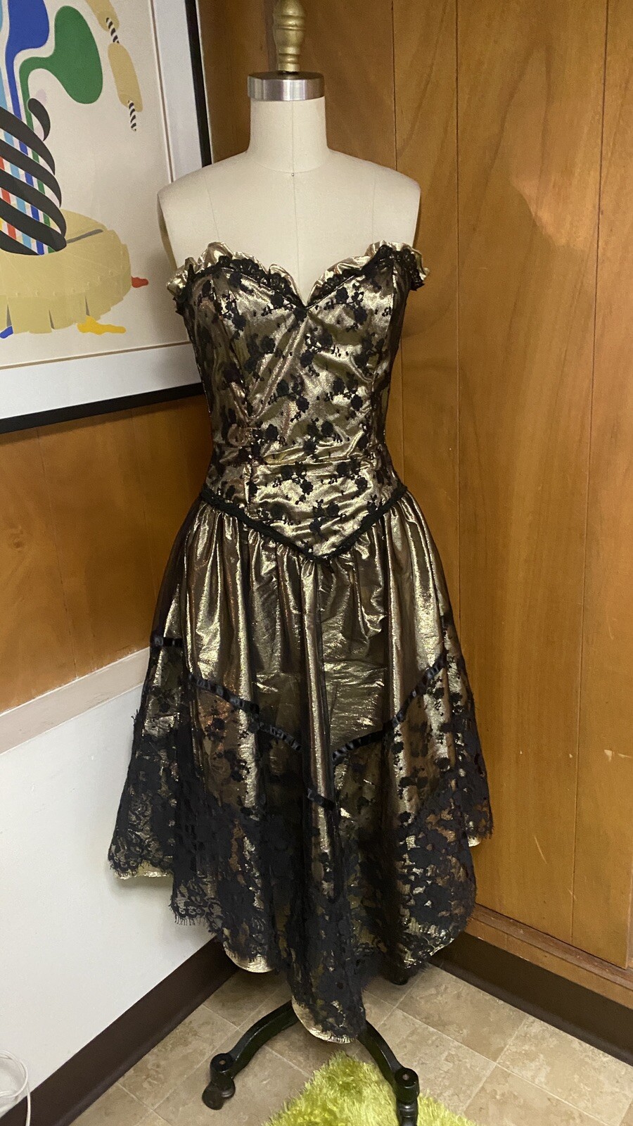 VTG New Leaf by Samir XS 0 2 Gold Black Metallic Party lace Dress Strapless