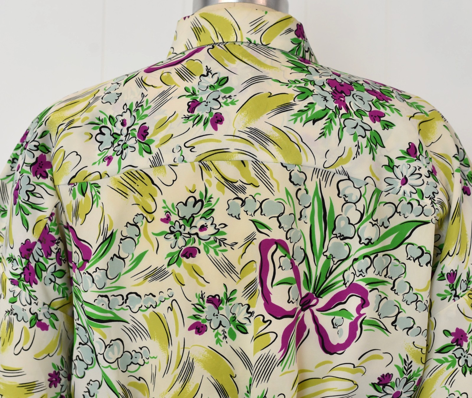 Vtg 1980s Norma Kamali Floral Ribbon Novelty Print Blouse Palazzo Pants Set