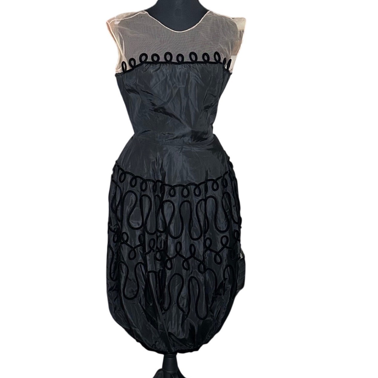 Vintage Arnold Fox Black Bubble Hem Dress Velvet Soutache Illusion Neck MCM Flaw
