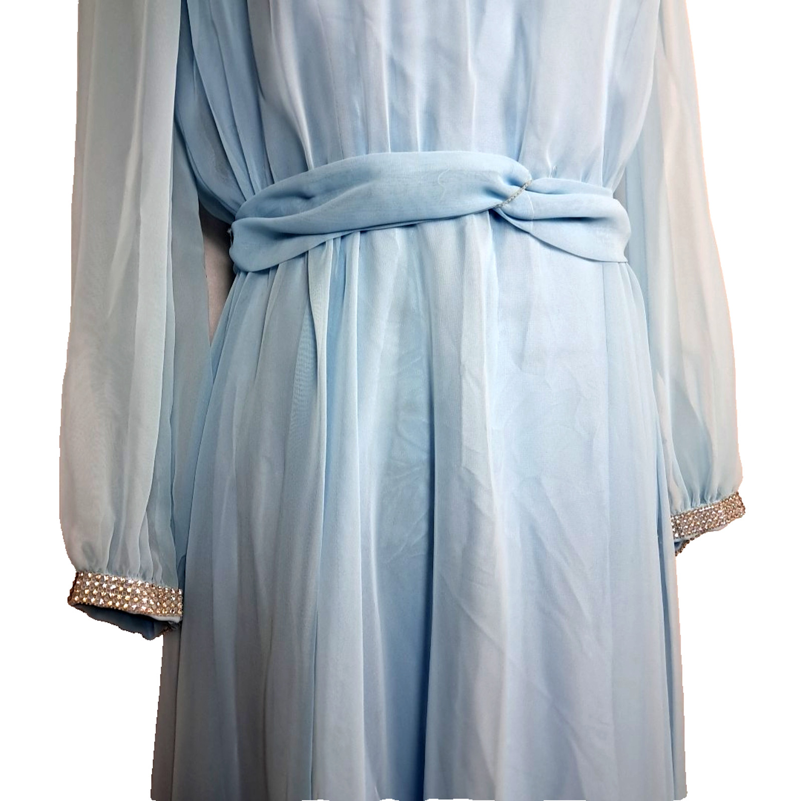 Vtg 70s Sheer Chiffon Rhinestone Maxi Dress Size 9 Blue Regency Formal Union Tag