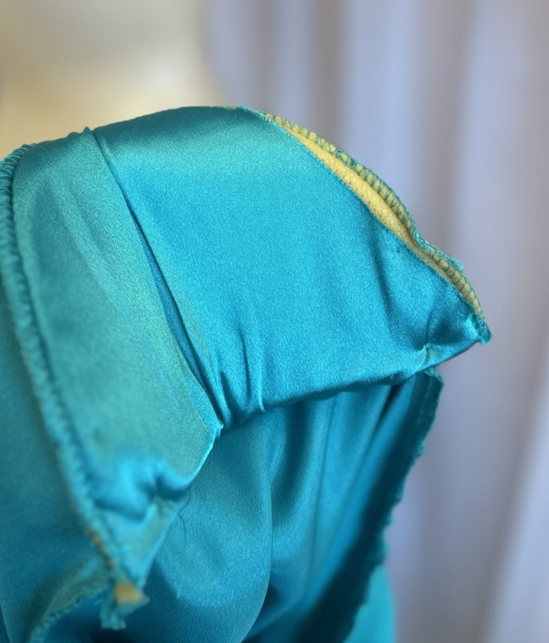Vintage 80s Green Liquid Satin Peplum Dress New Wave V Neck Cocktail L