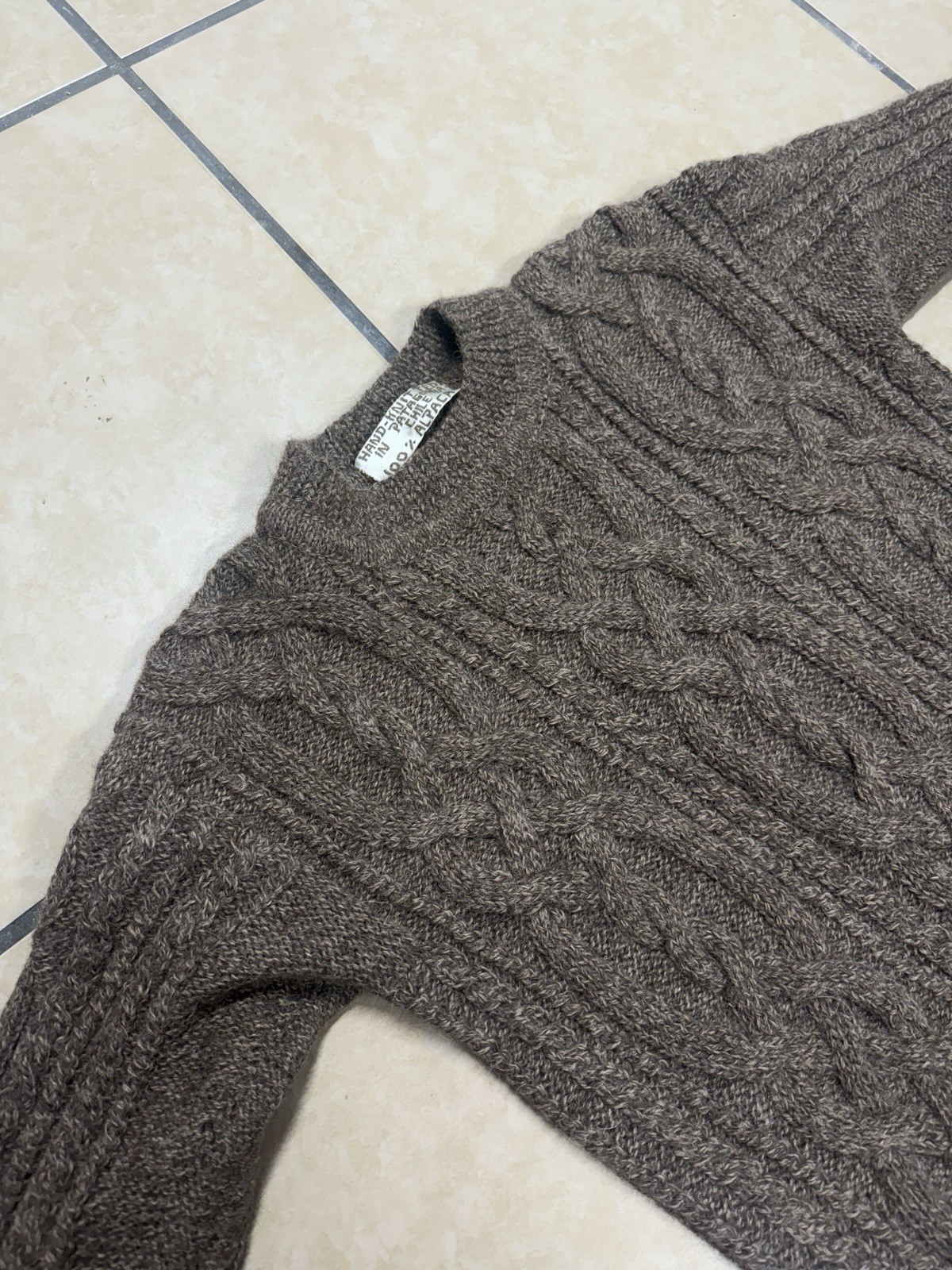 Hand Knit Artisan Alpaca Wool Sweater Natural Brown Fisherman Patagonia Chile