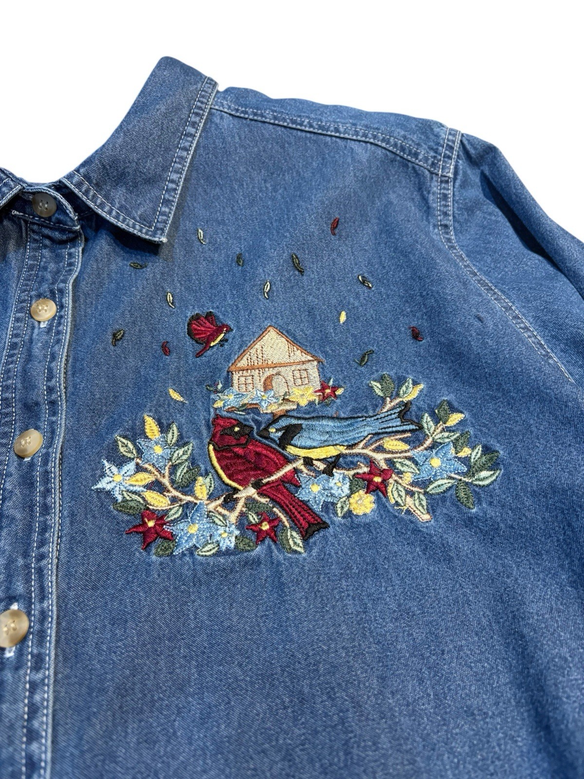 Vintage Just My Size 100% Cotton Denim Blouse 26W/28W Birds Flowers Cottagecore
