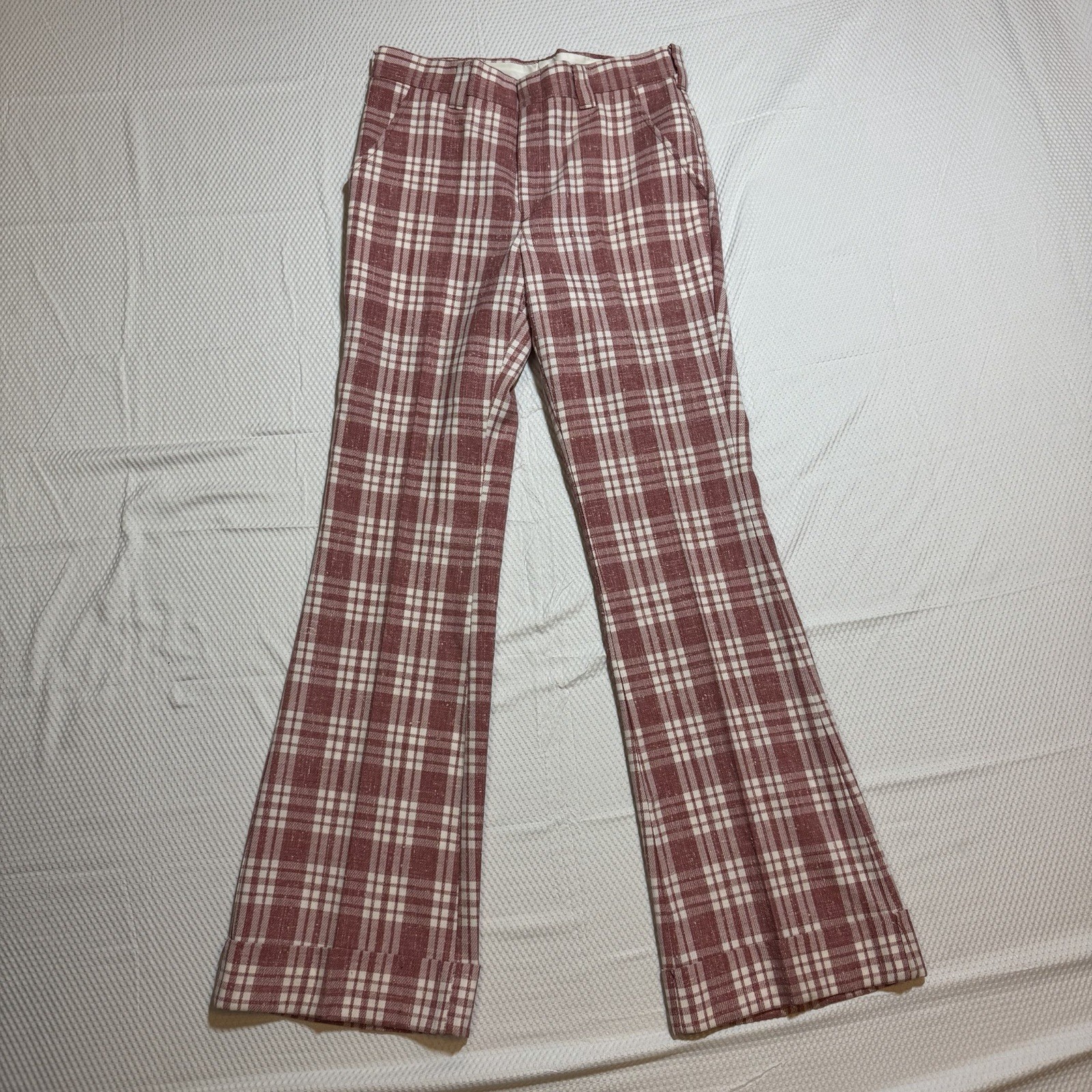 True Vintage 1970s Wrangler Plaid Red Bell Bottoms Disco Pants Twill USA 32×34