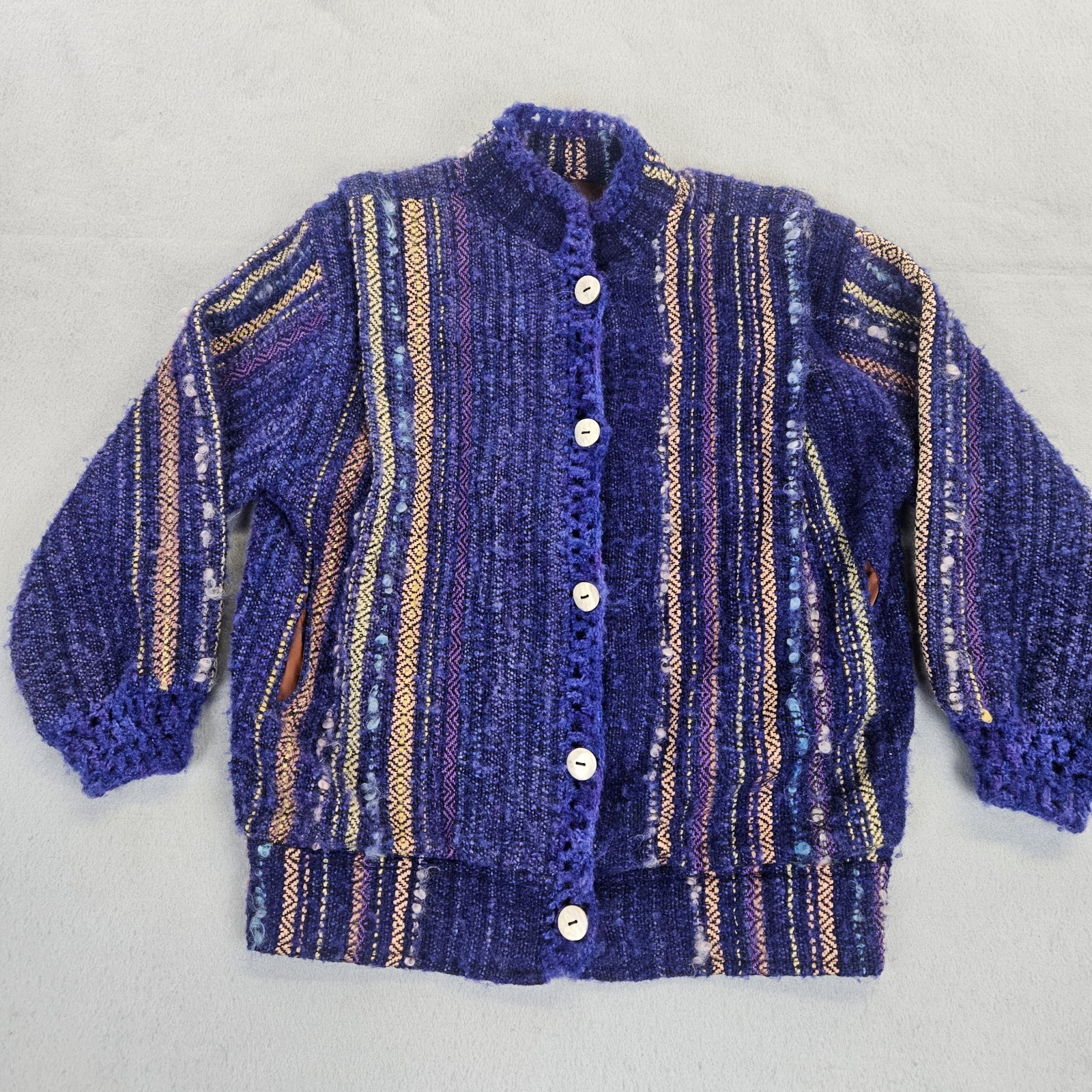 Nancy Paap Stripe Jacket Blue Multicolor W Pockets Vtg US Made Size Large