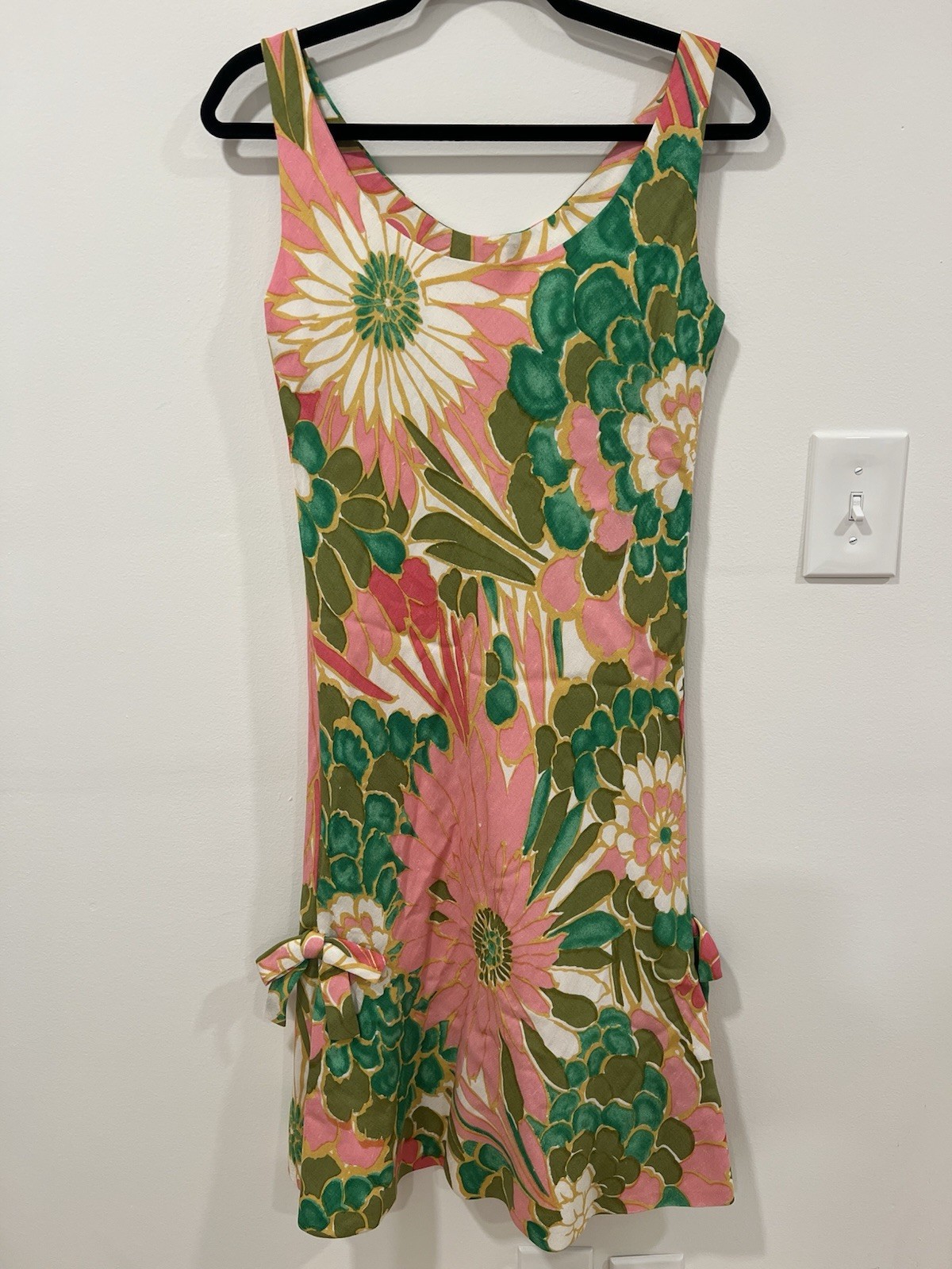 Vintage Geoffrey Beene Linen Floral Dress 1960s 1970s Painterly Print Side Bow