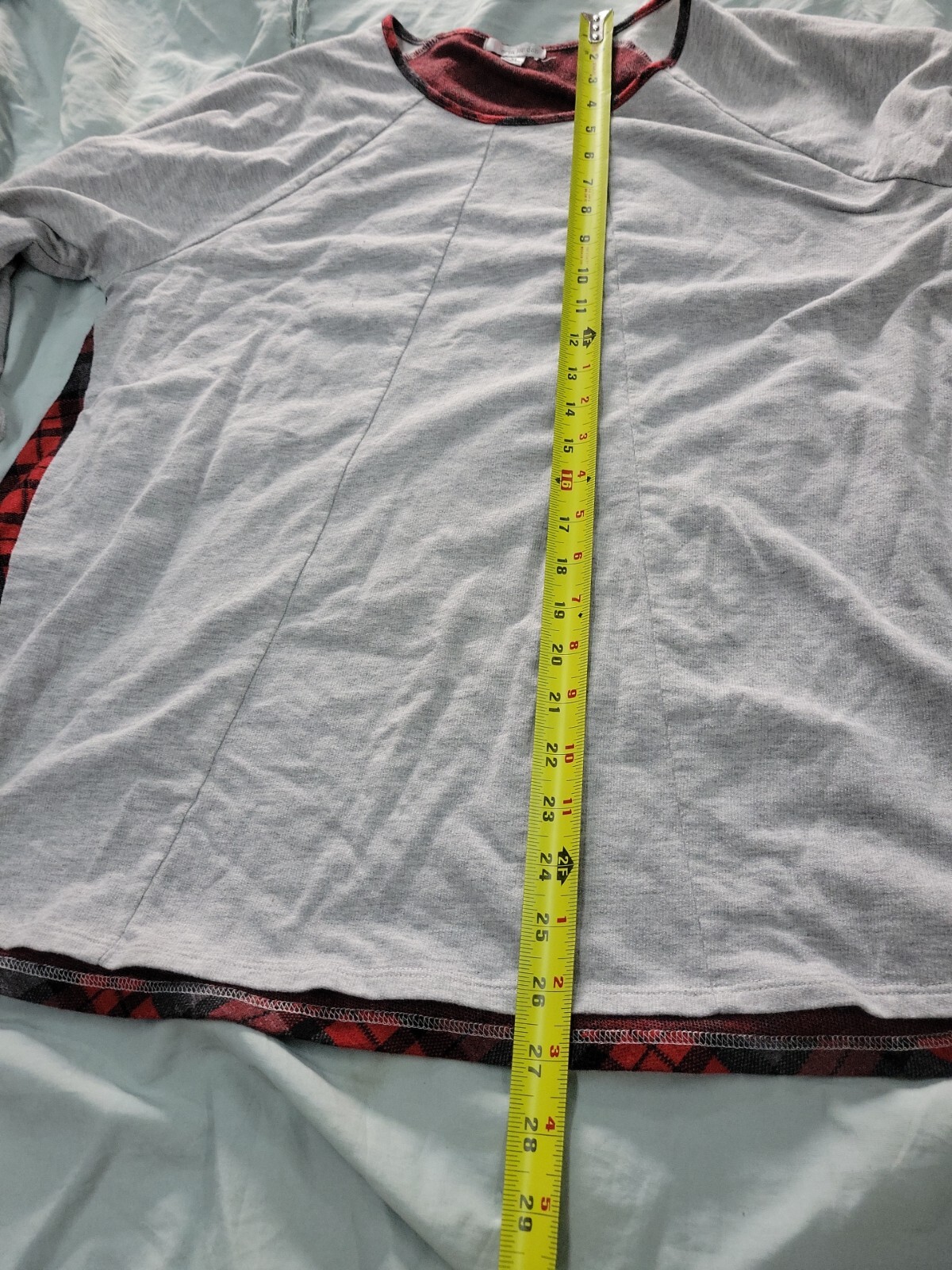 Vintage Red Plaid polyester Long Sleeve T-Shirt Erin London Size XL Padded Elbow