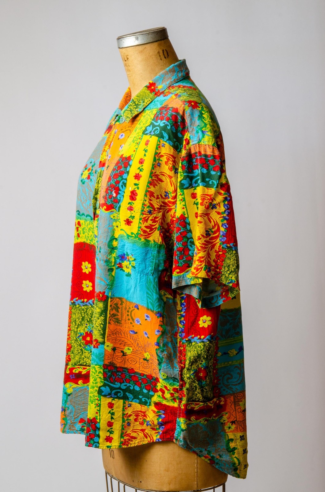1980s Jams World Paint Brush Flowers Patchwork Rayon Button Down Shirt