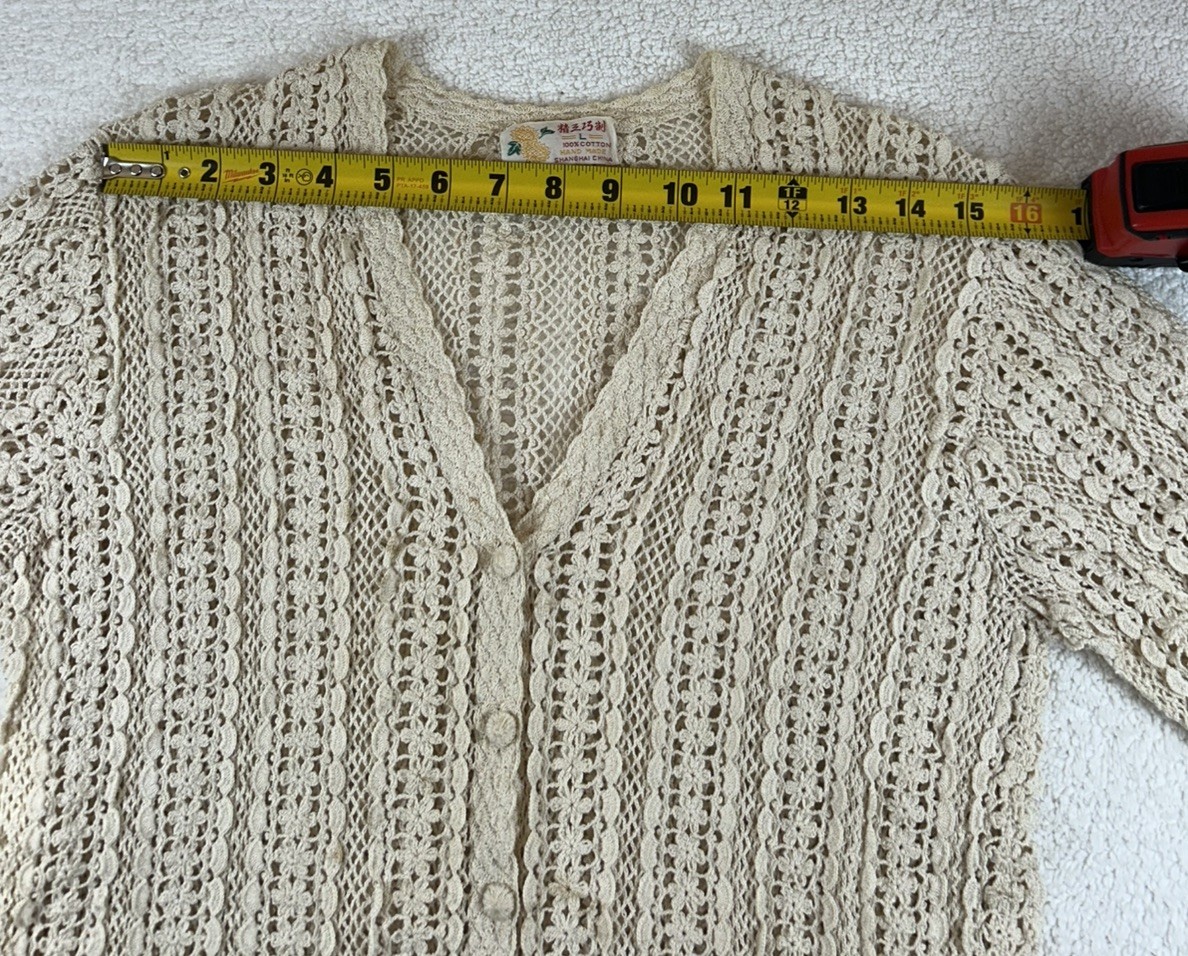 Vintage Shanghai Handmade Cotton Crocheted Cardigan Sweater Wmns LG Ecru *READ*