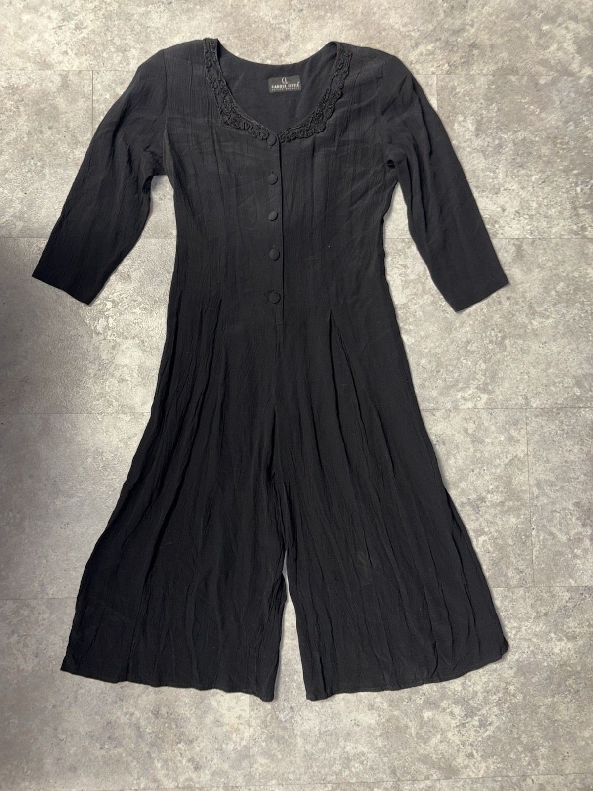 Vintage Carole Little Wide Leg Jumpsuit Goth Dark Romantic Lacy Collar Crepe EUC