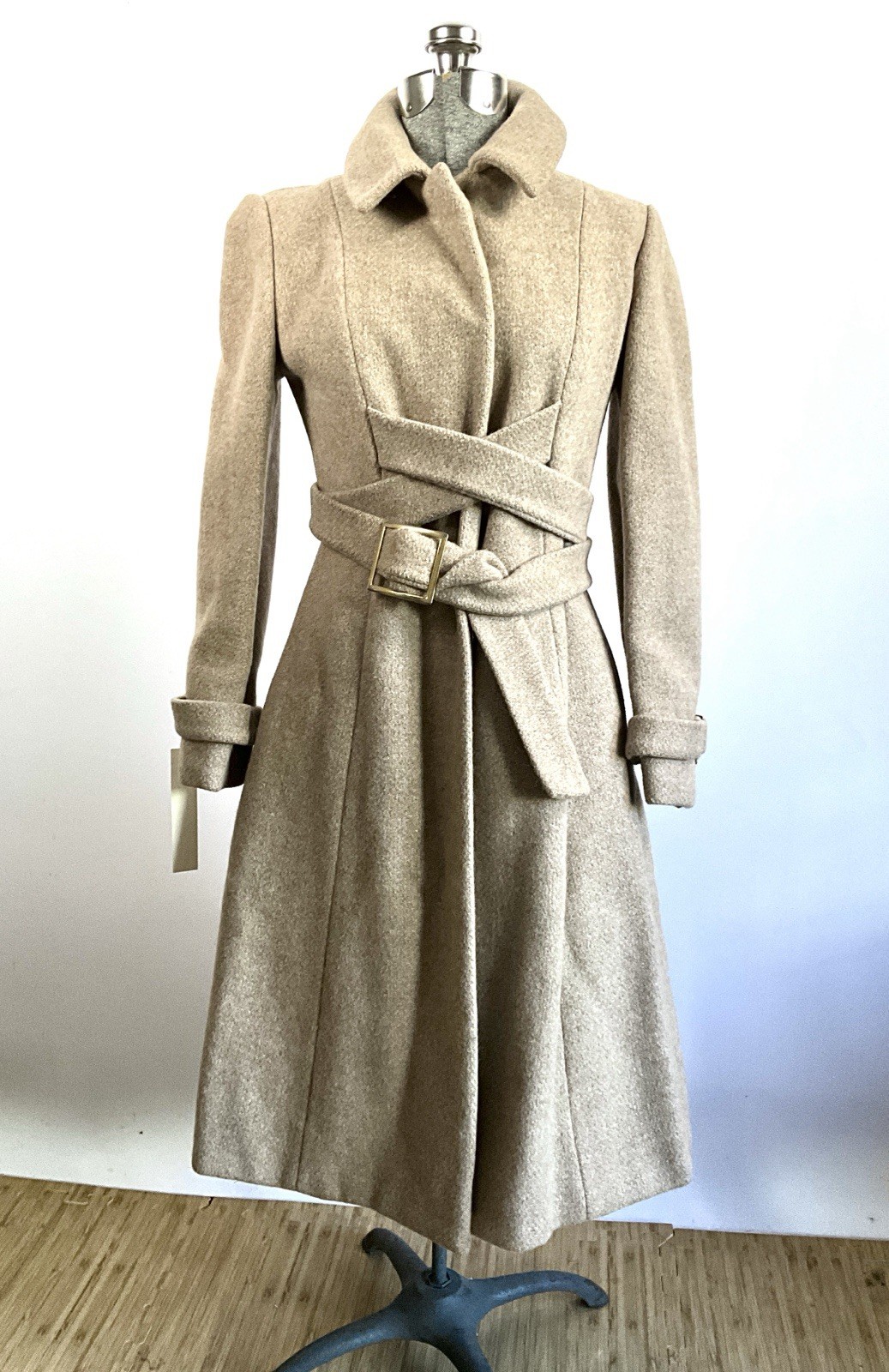 Vintage c.1970 Bill Blass Oatmeal Wool Coat with Long Criss Cross Wrap Belt