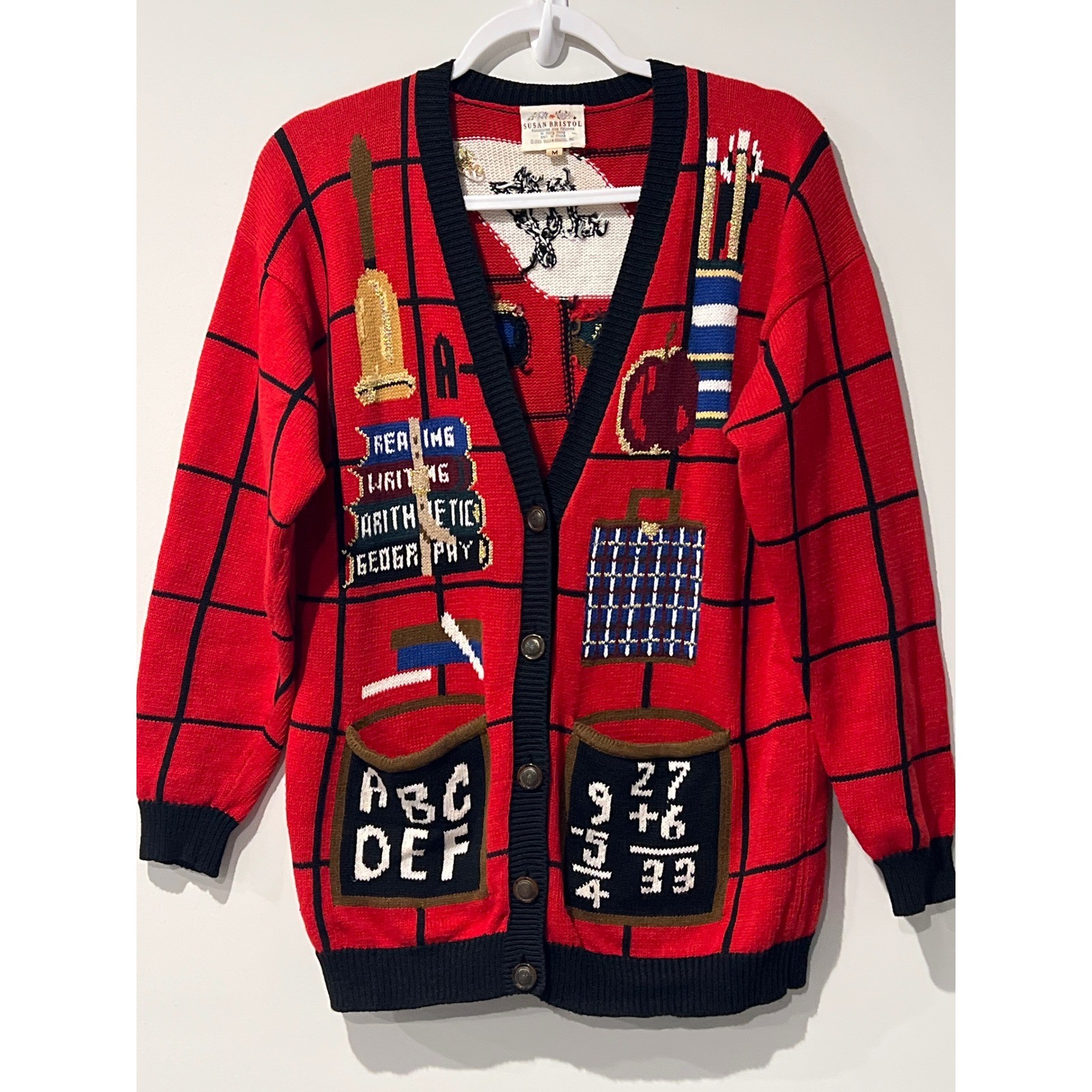 Susan Bristol Vintage 1993 School Teacher Cardigan Red Windowpane Knit Sweater M