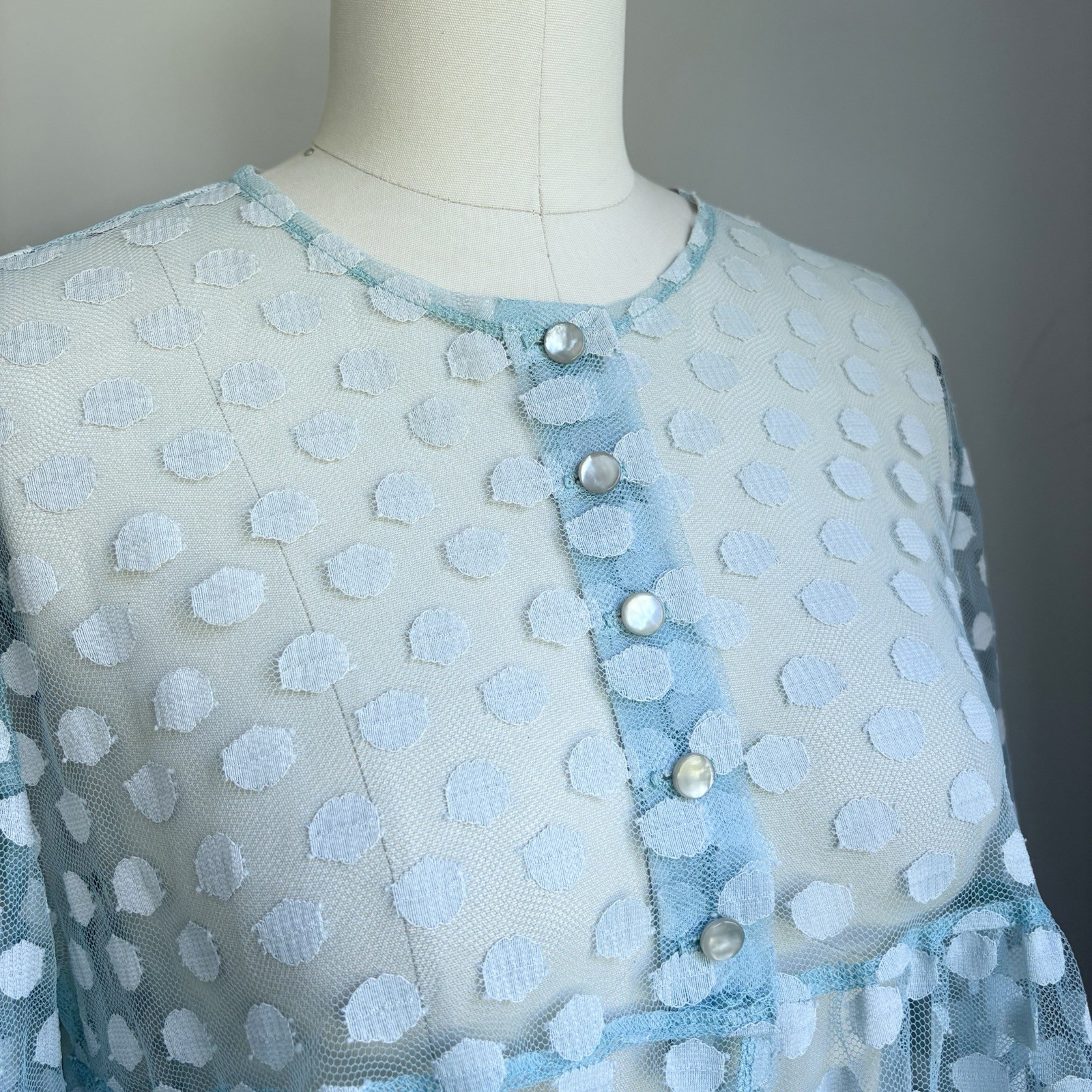Vintage 60’s Catalina Baby Blue Mod Polkadot Lace Bell Slv Swimsuit Cover Up S/M