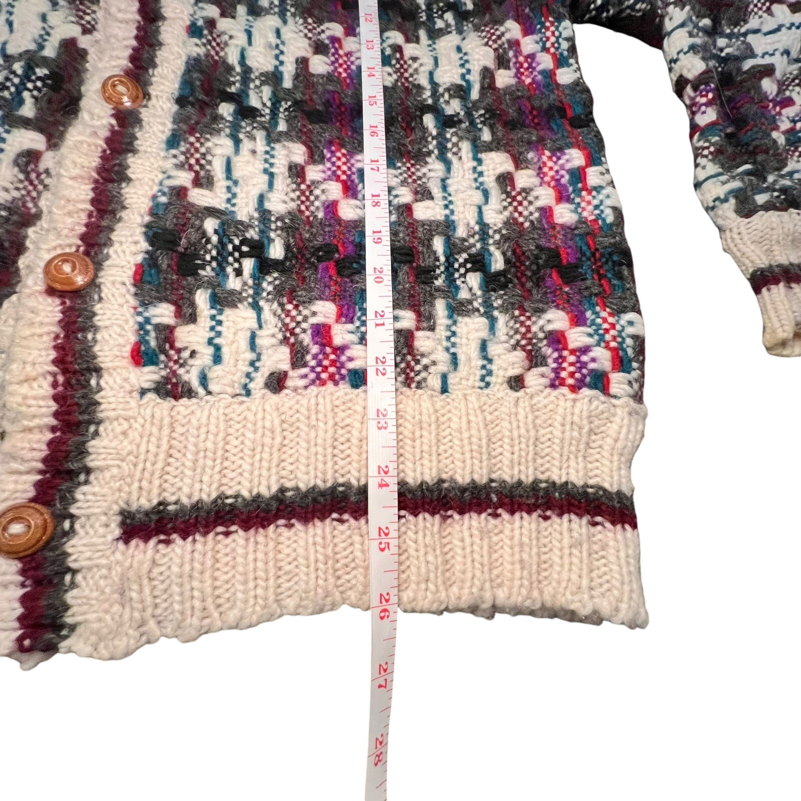 VTG Hand Made Wool Cardigan Sweater Size Large Wood Buttons Chunky Knit Plaid