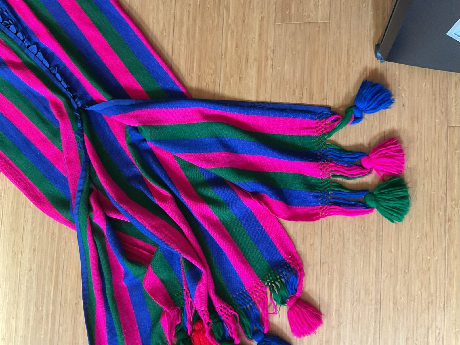 VTG Josefa Boho Caftan Maxi Dress Multicolor Pink Green Blue Pompoms Belt, Small