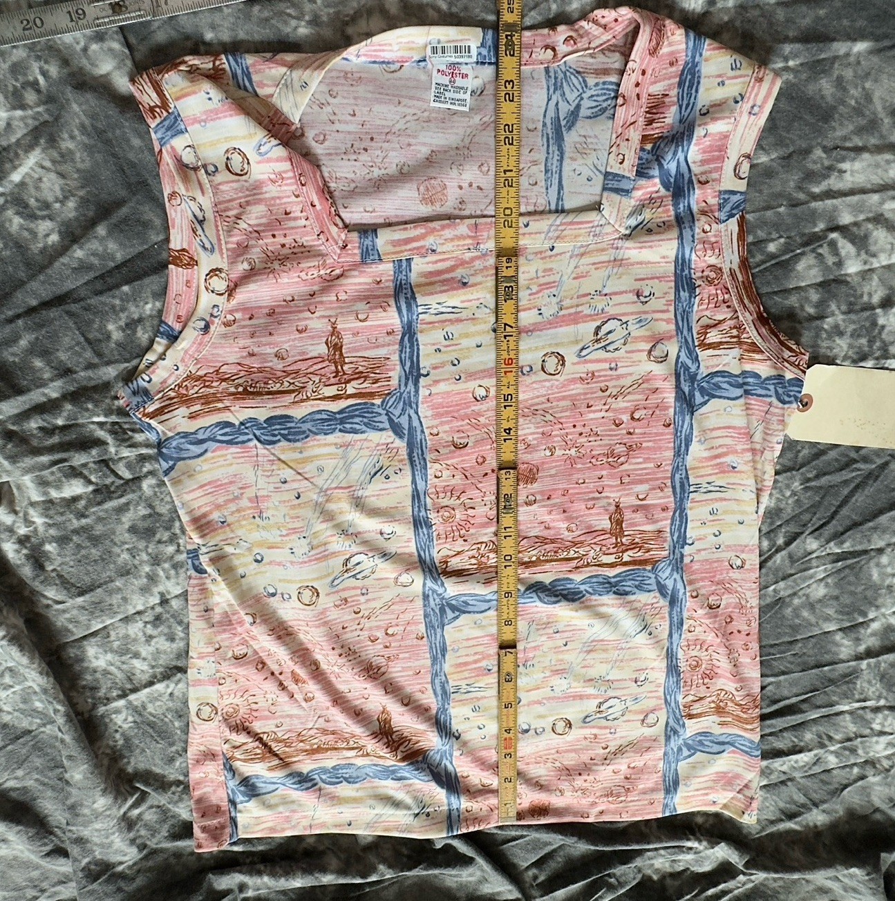 1970s Poly Novelty Sci-Fi Spaceship Print Sleeveless Vintage L Top Sony Studios